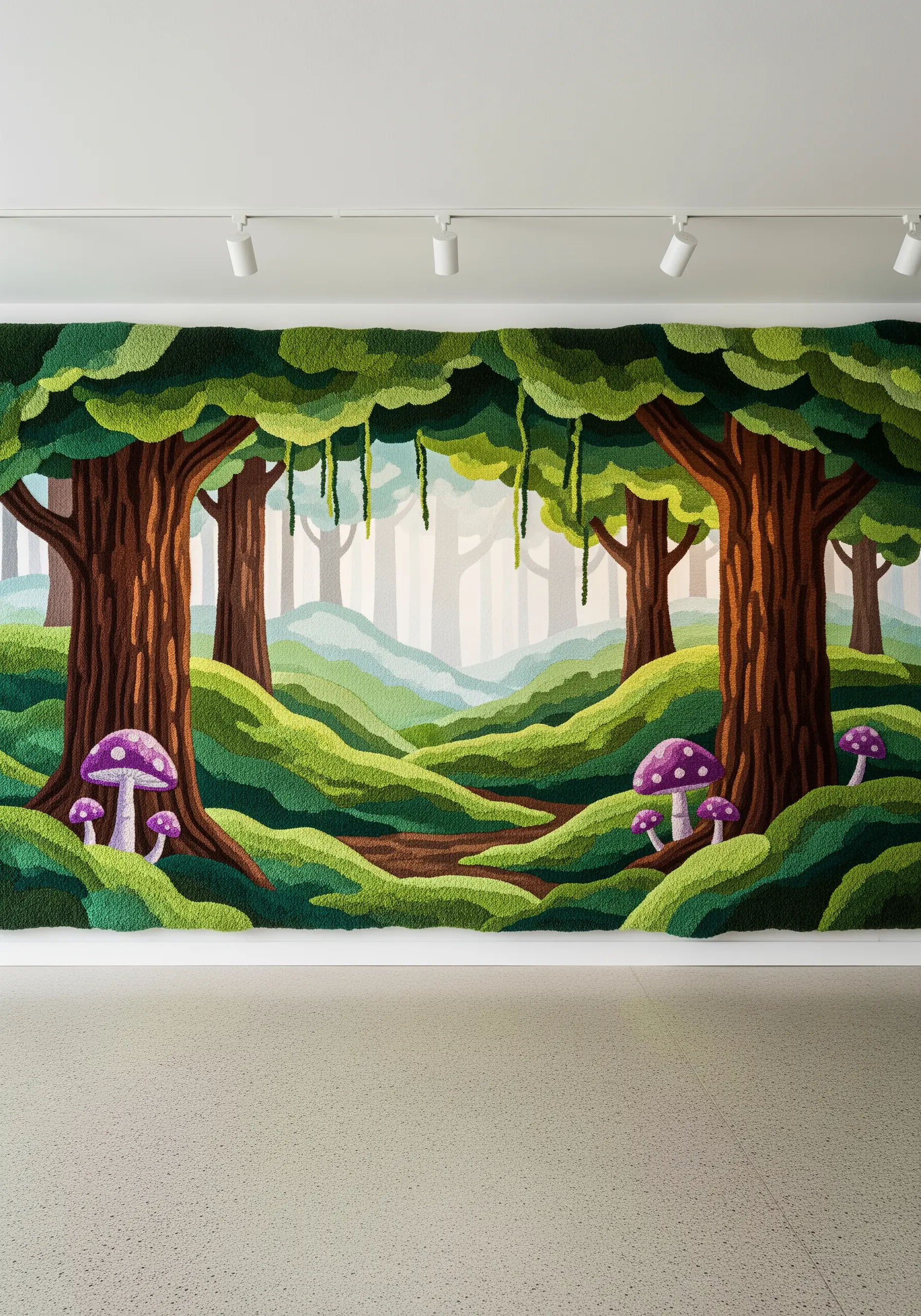 Large tufted wall art of a forest with giant trees and purple mushrooms