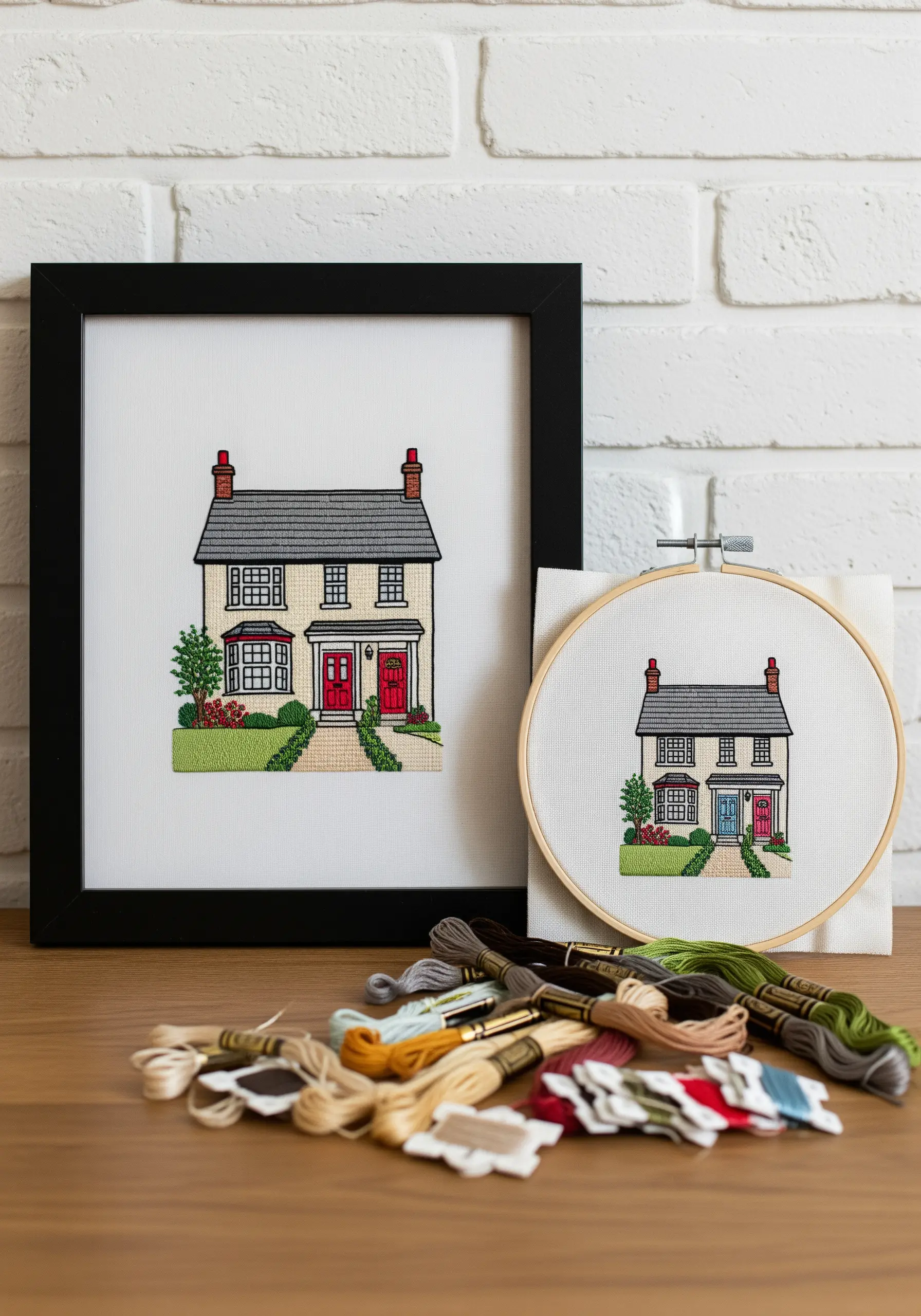 An embroidered portrait of a house, shown in a hoop and a frame.