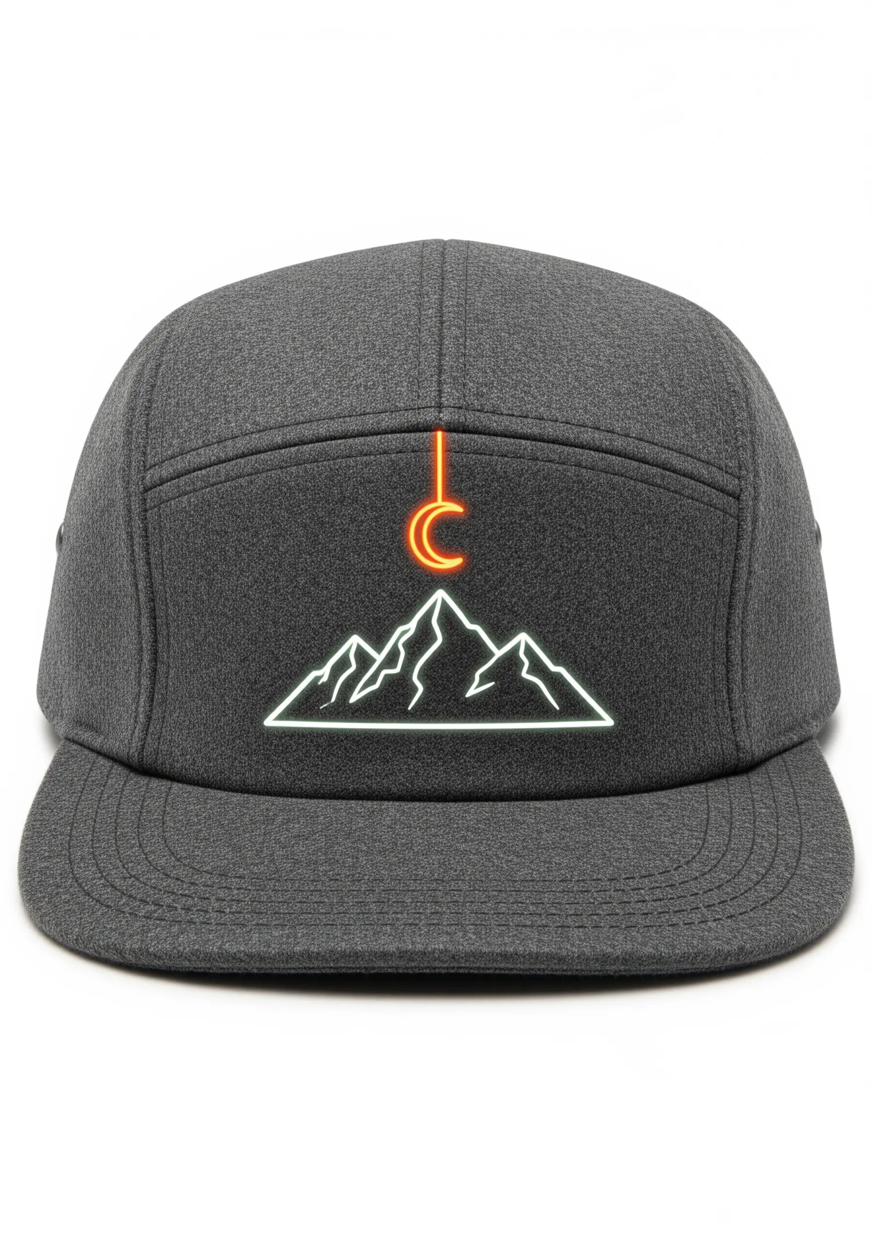 A neon line art mountain range with a glowing orange crescent moon on a gray cap.