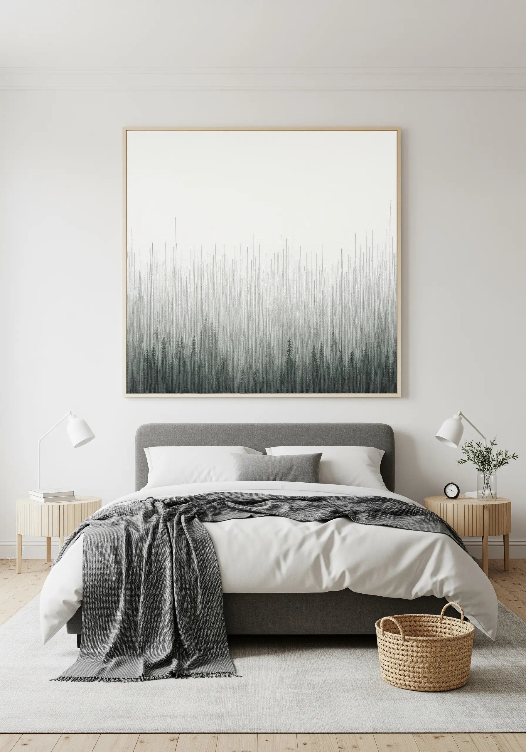 A large framed artwork depicting a misty forest made from vertical grey straight stitches.