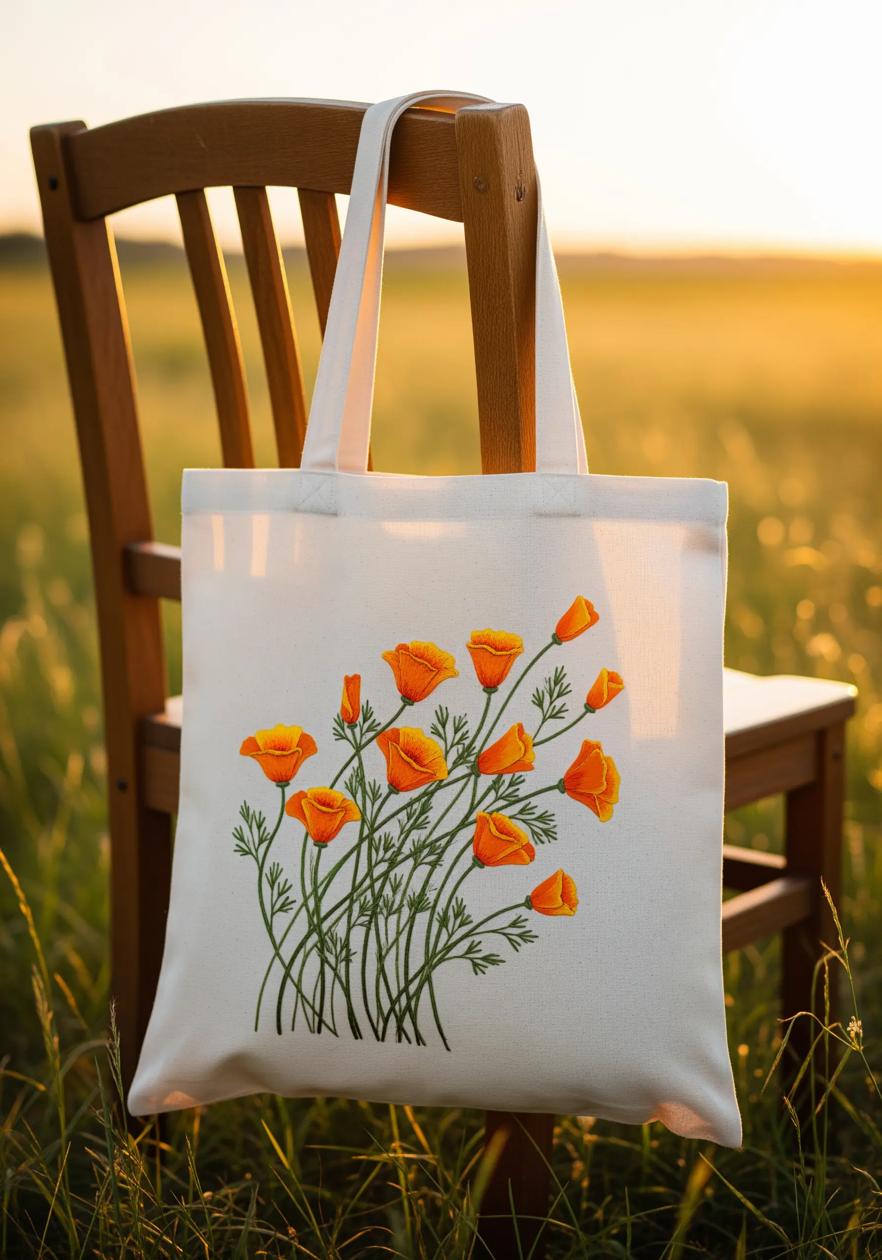 A cluster of orange California poppies embroidered to look as if they are blowing in the wind.