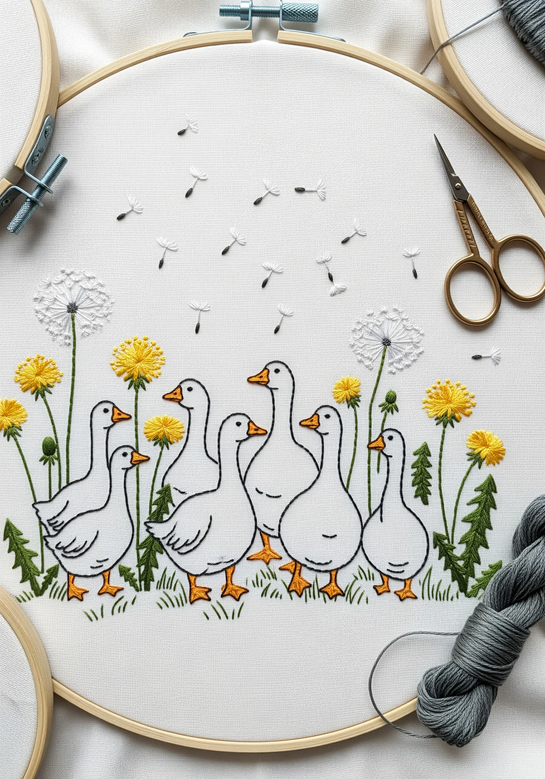 A line of embroidered geese under floating dandelion seeds that create a sense of movement.