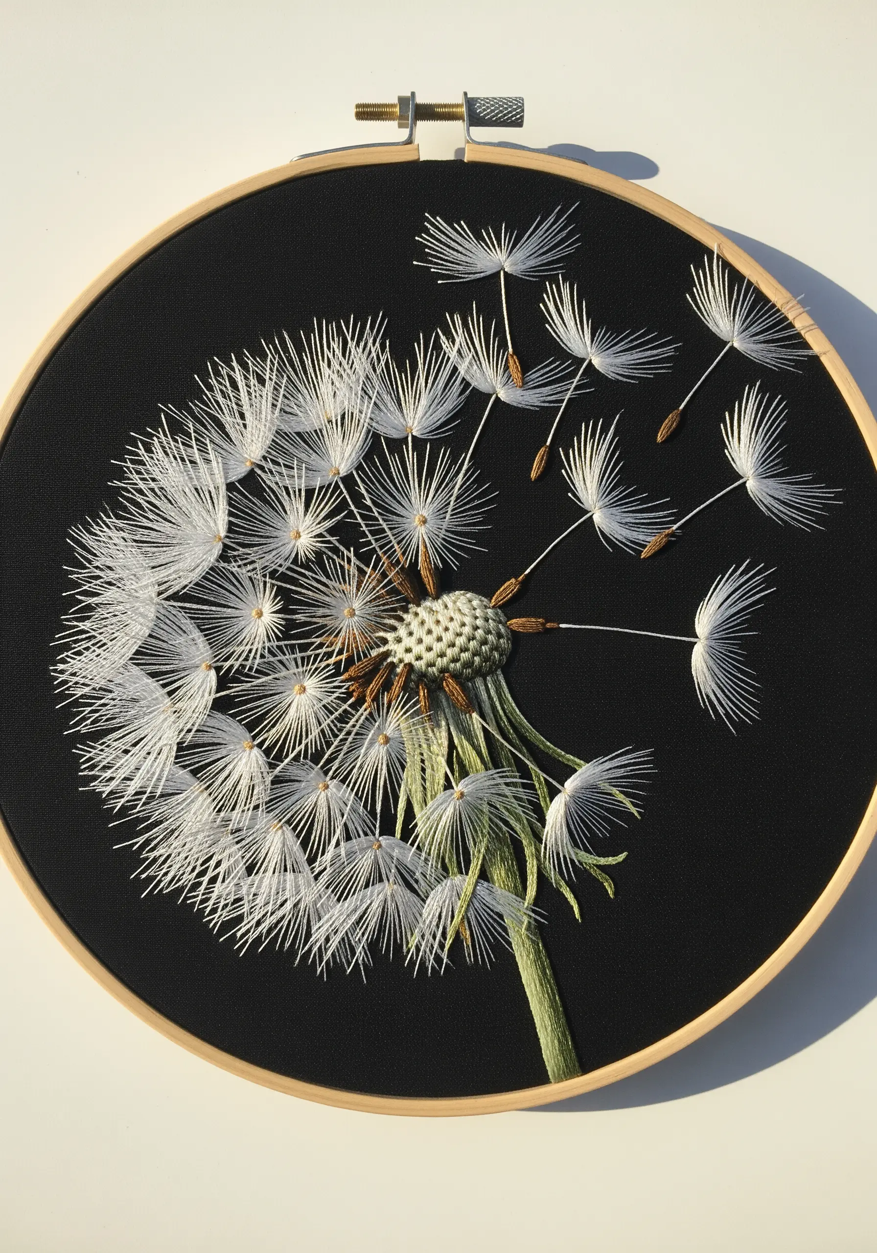 Dandelion seed head embroidery with delicate, flying seeds stitched on black fabric.