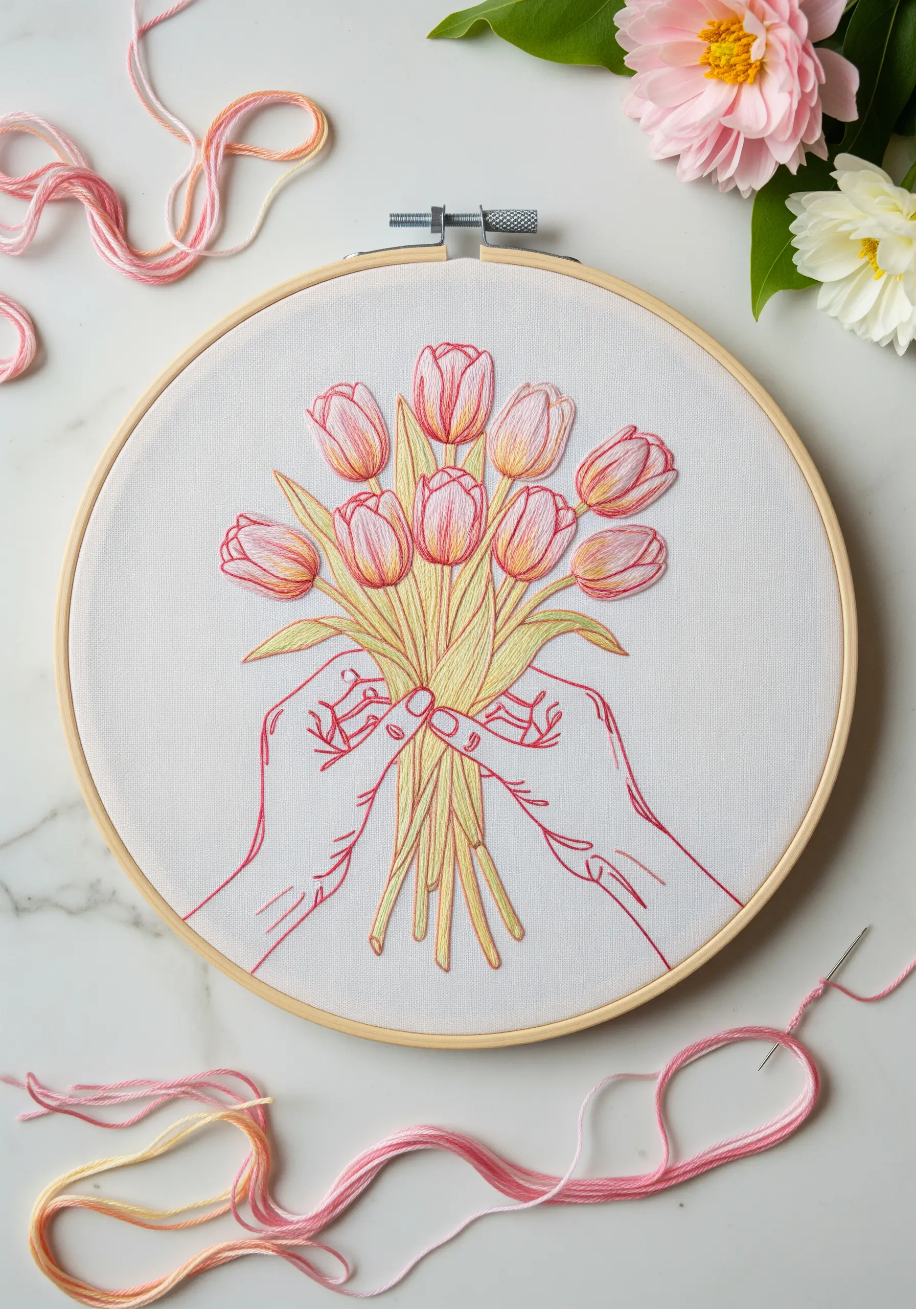 Red and yellow line art of hands holding a colorful bouquet of tulips.