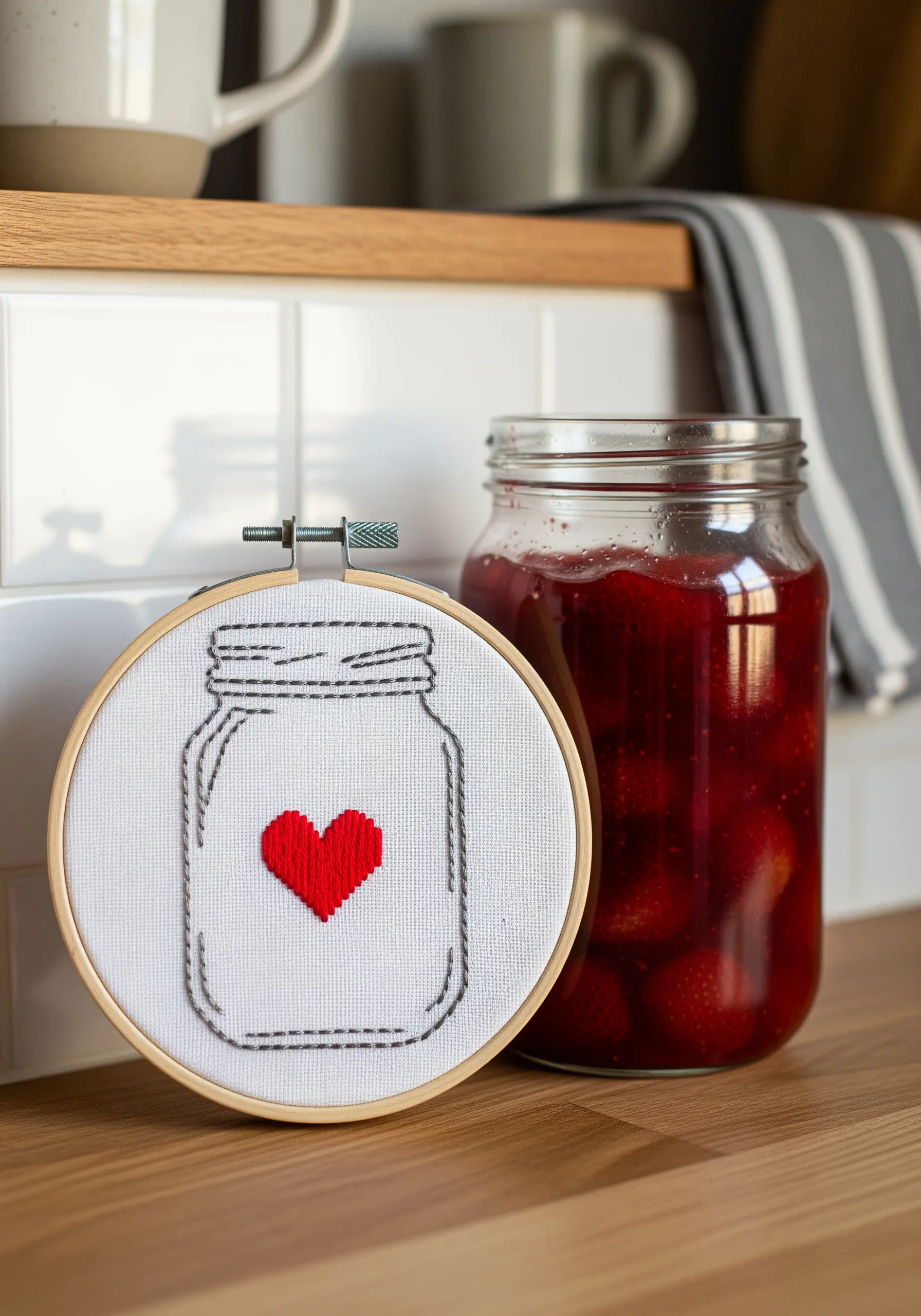 An outline of a mason jar stitched with a simple running stitch, with a red heart inside.