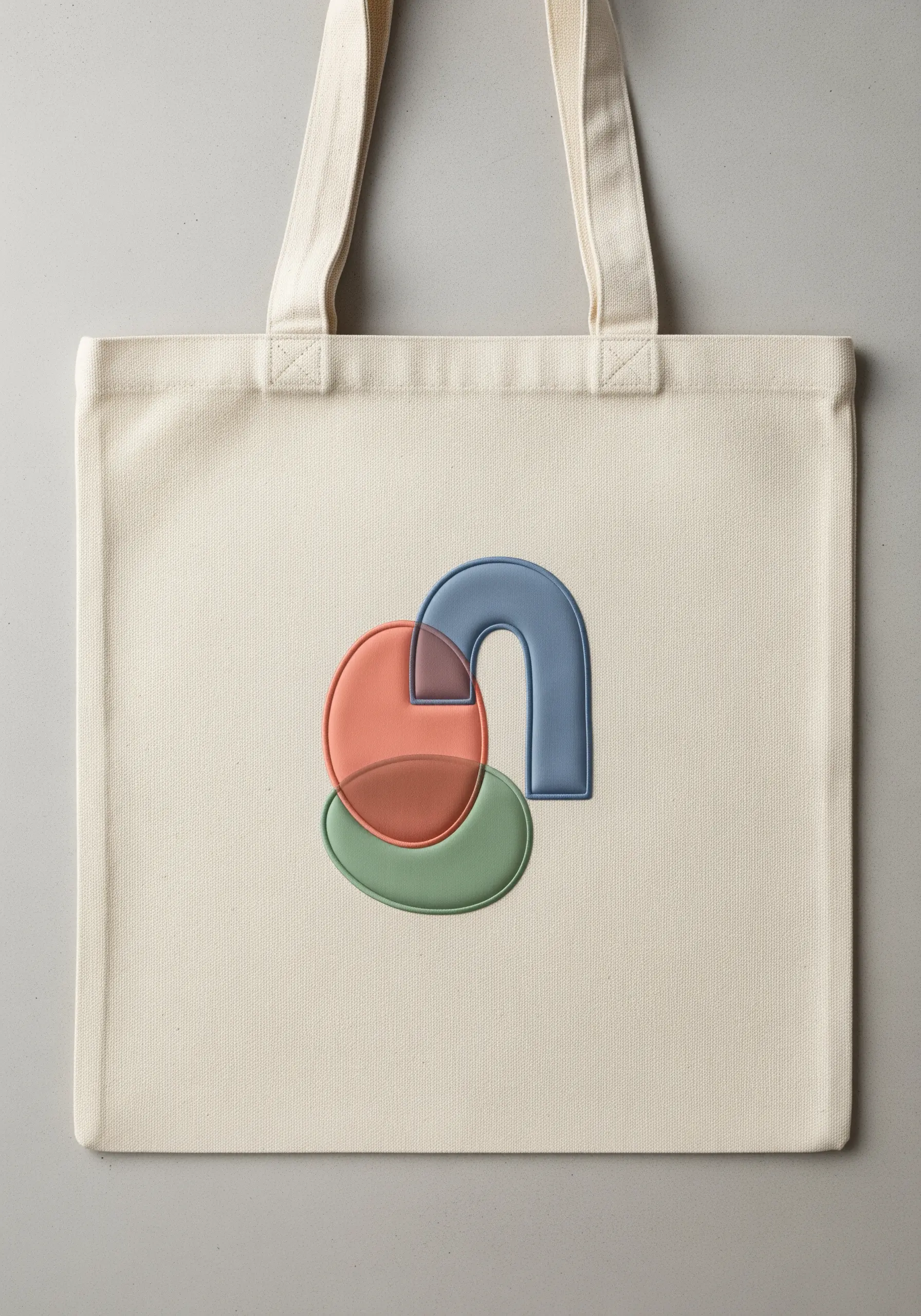Embroidered abstract design with overlapping red, green, and blue padded satin stitch shapes.