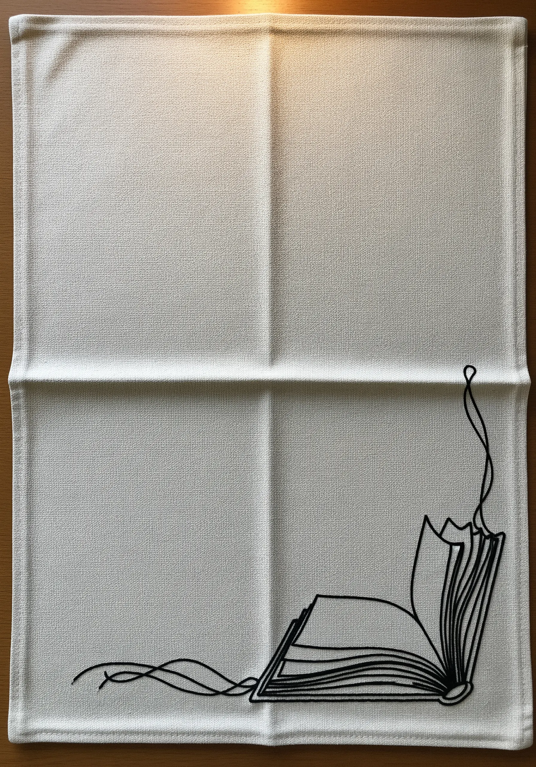 A line-art open book with fluttering pages embroidered in black thread on a white napkin.
