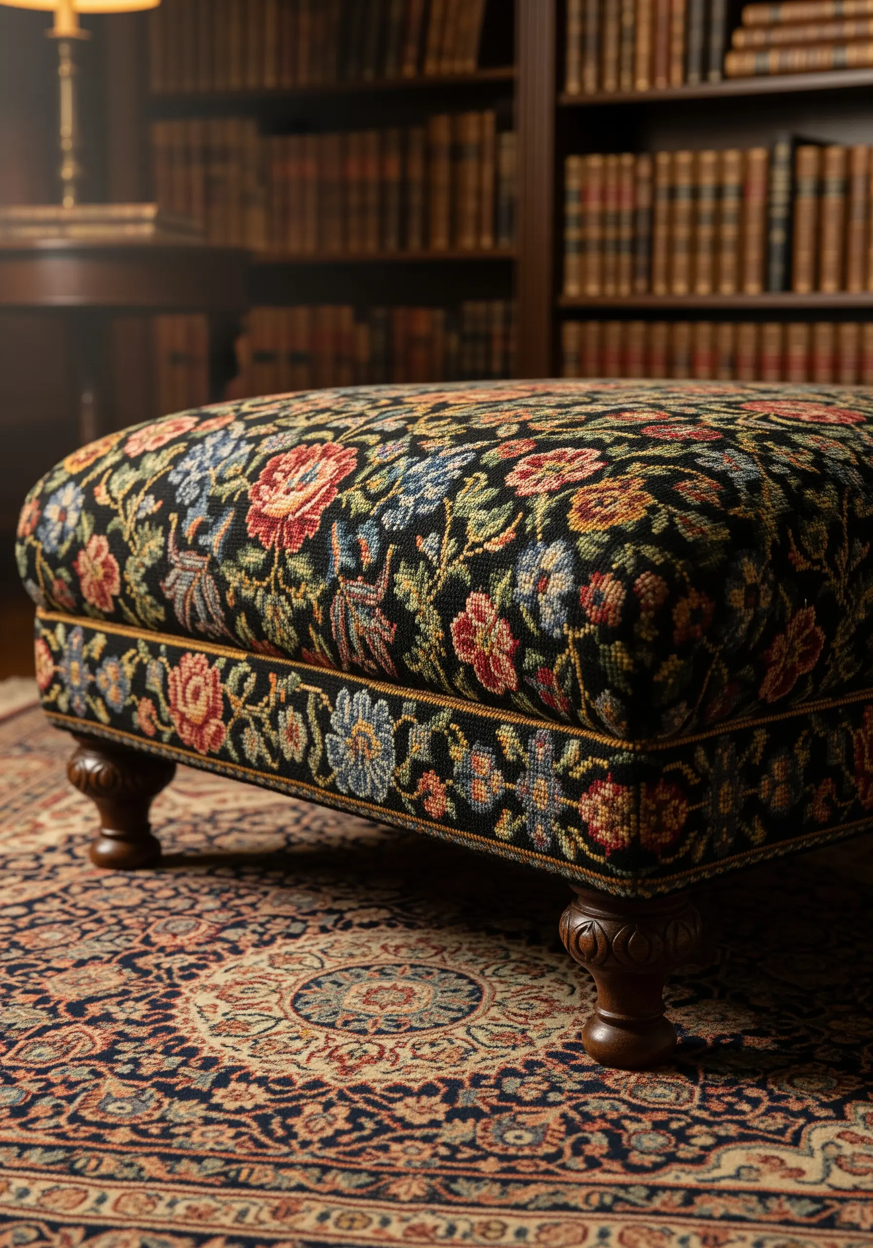 Floral needlepoint footstool in library setting