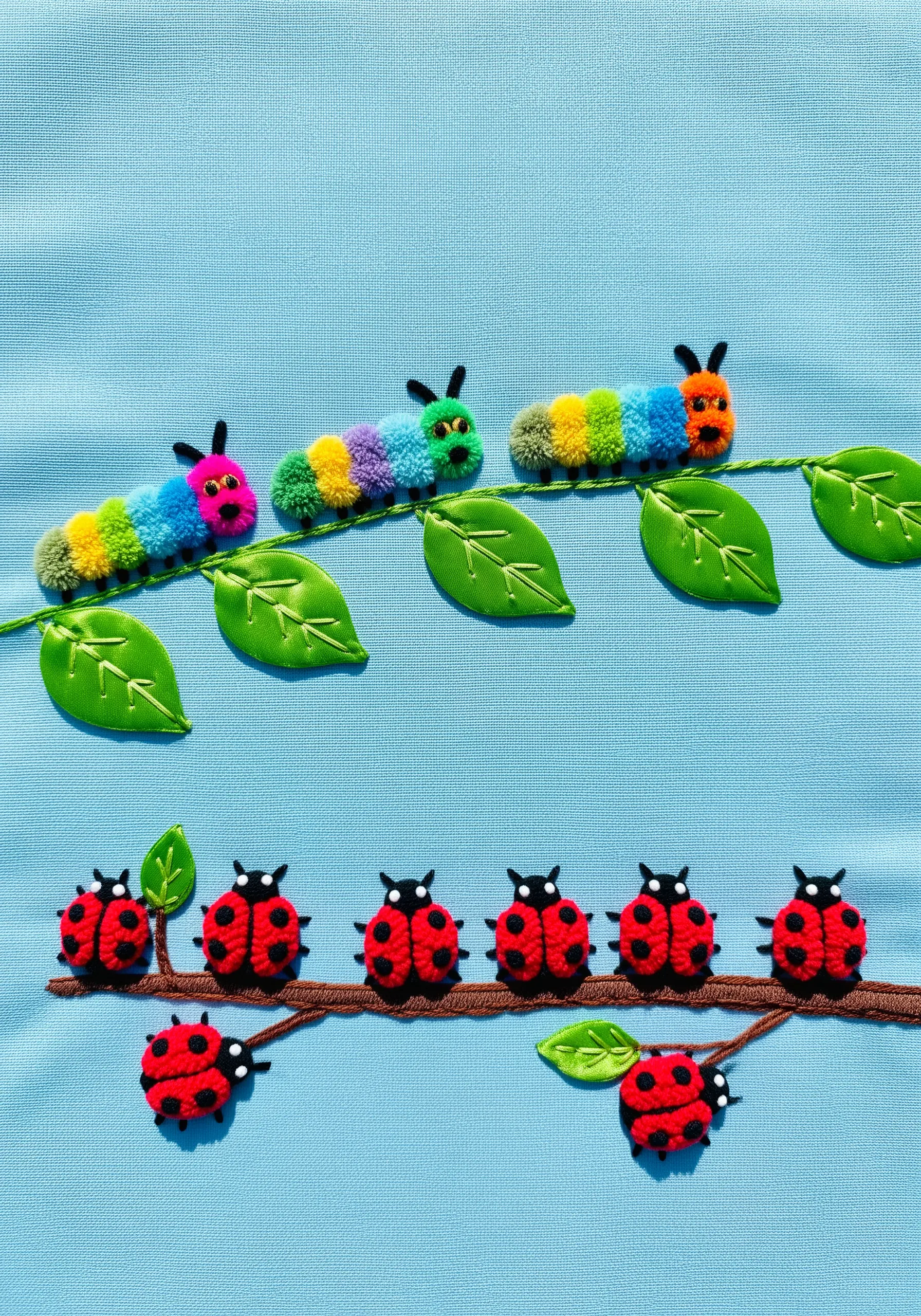 Embroidery on blue fabric featuring 3D caterpillars made of pom-poms and padded ladybugs.