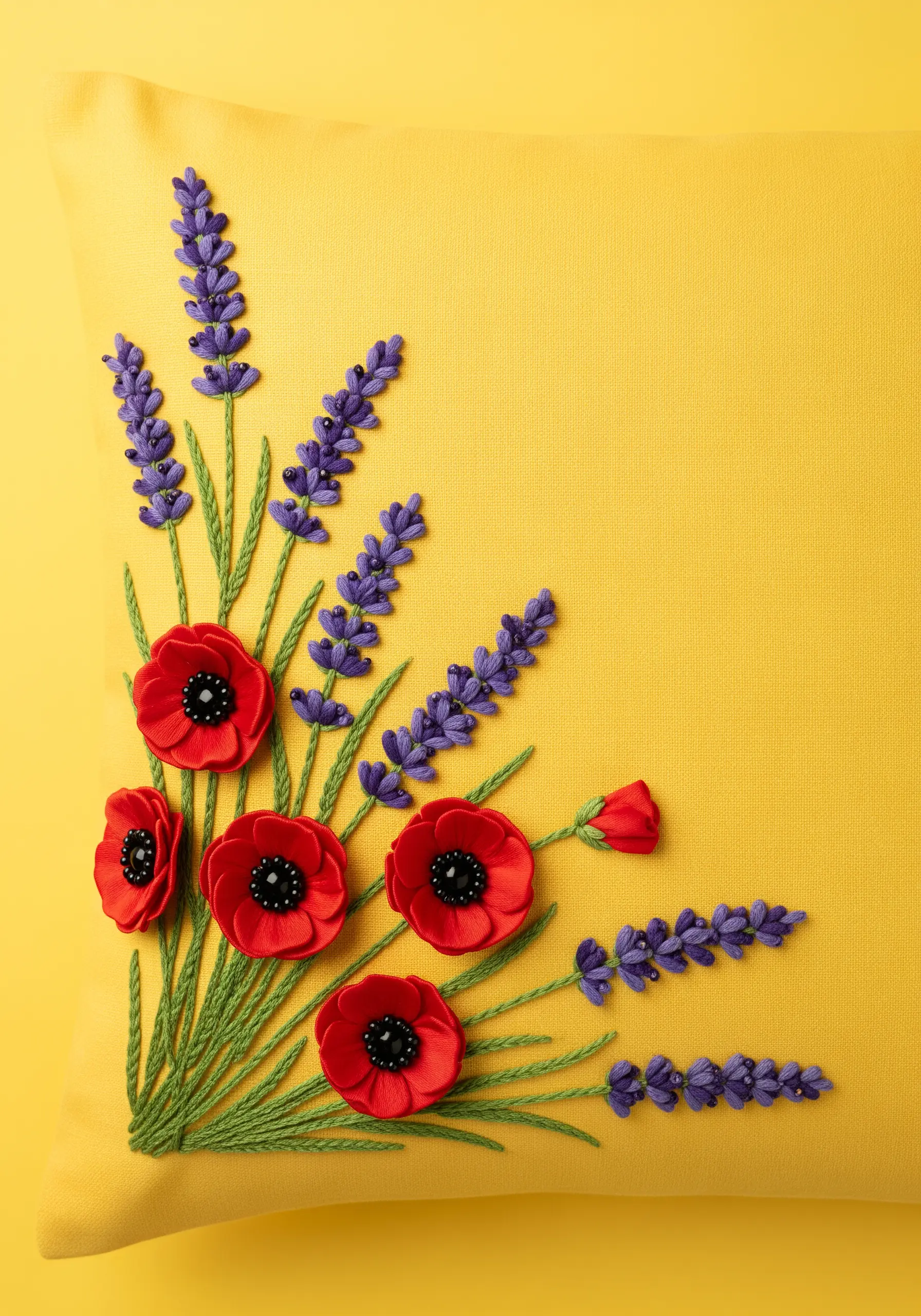 3D ribbon embroidery poppies and lavender on a bright yellow pillow.