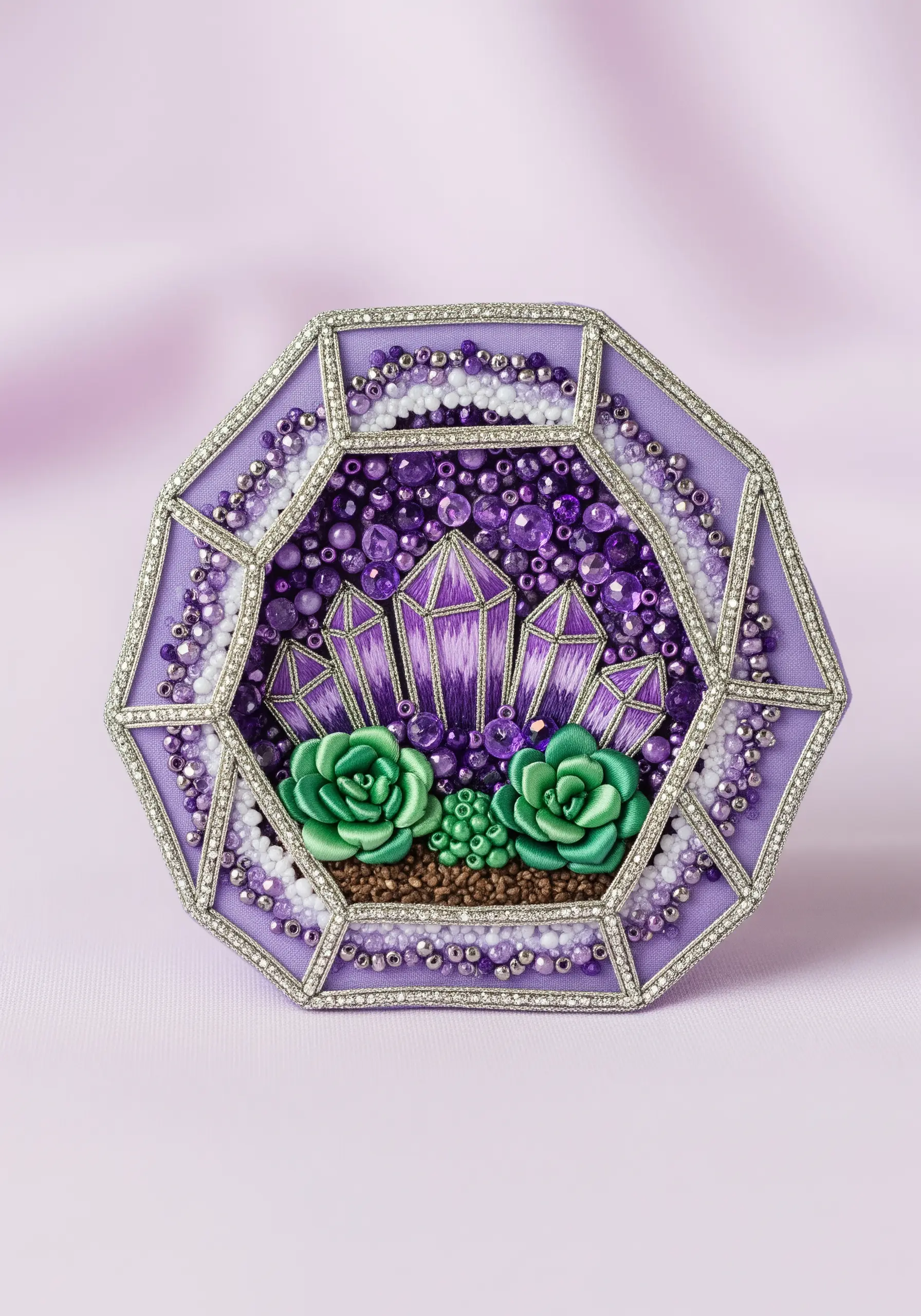 Embroidered crystal terrarium with purple beads, metallic thread, and 3D succulents