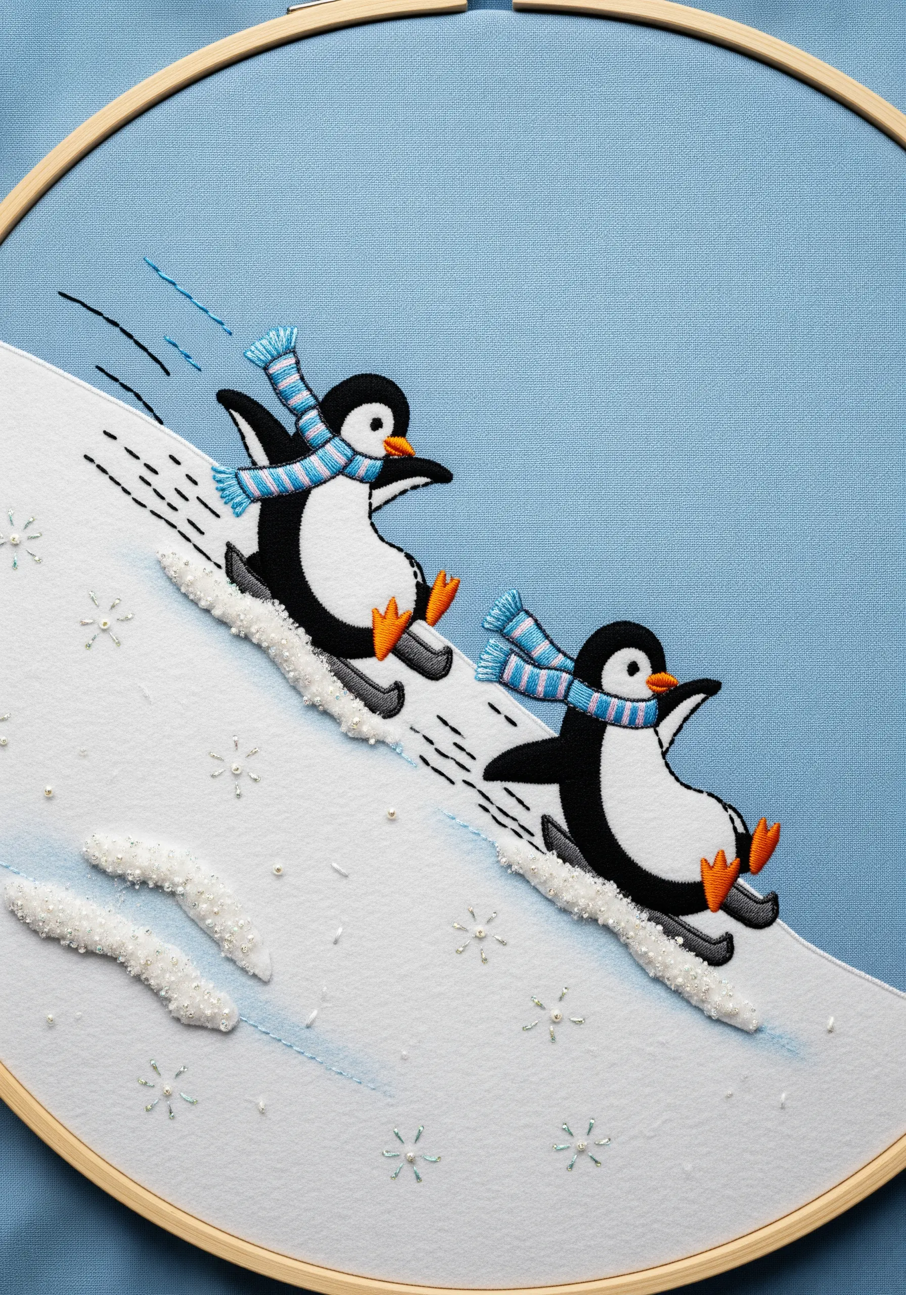 Two embroidered penguins skiing down a white felt appliqué slope in a hoop.