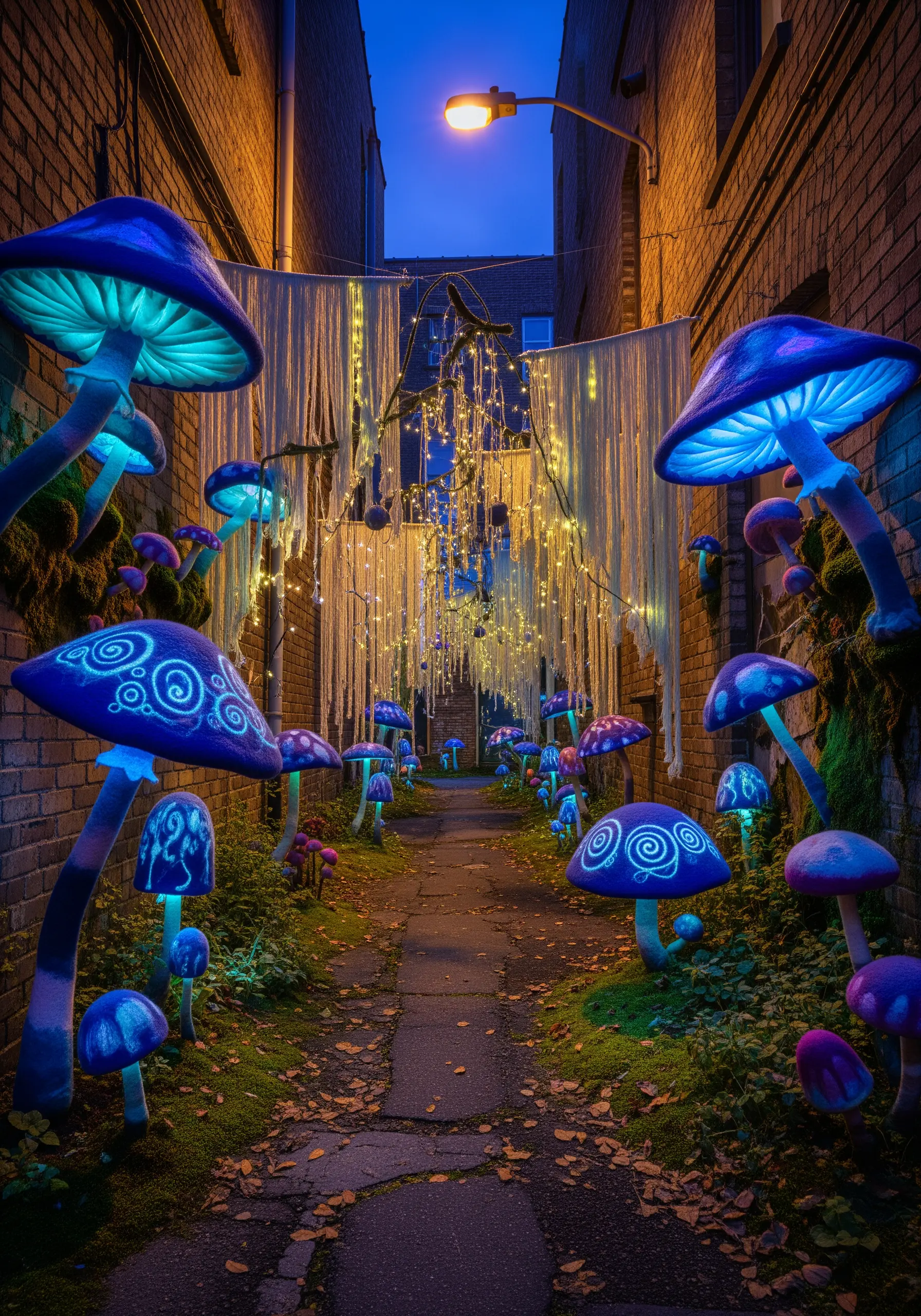 An alleyway filled with giant, glowing blue mushrooms and hanging strands of yarn with lights.