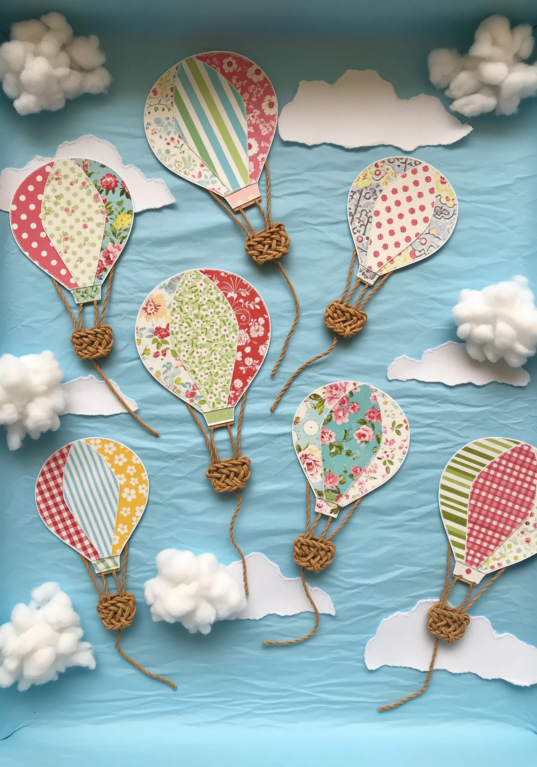 A whimsical scene with hot air balloons made from colorful patterned paper.
