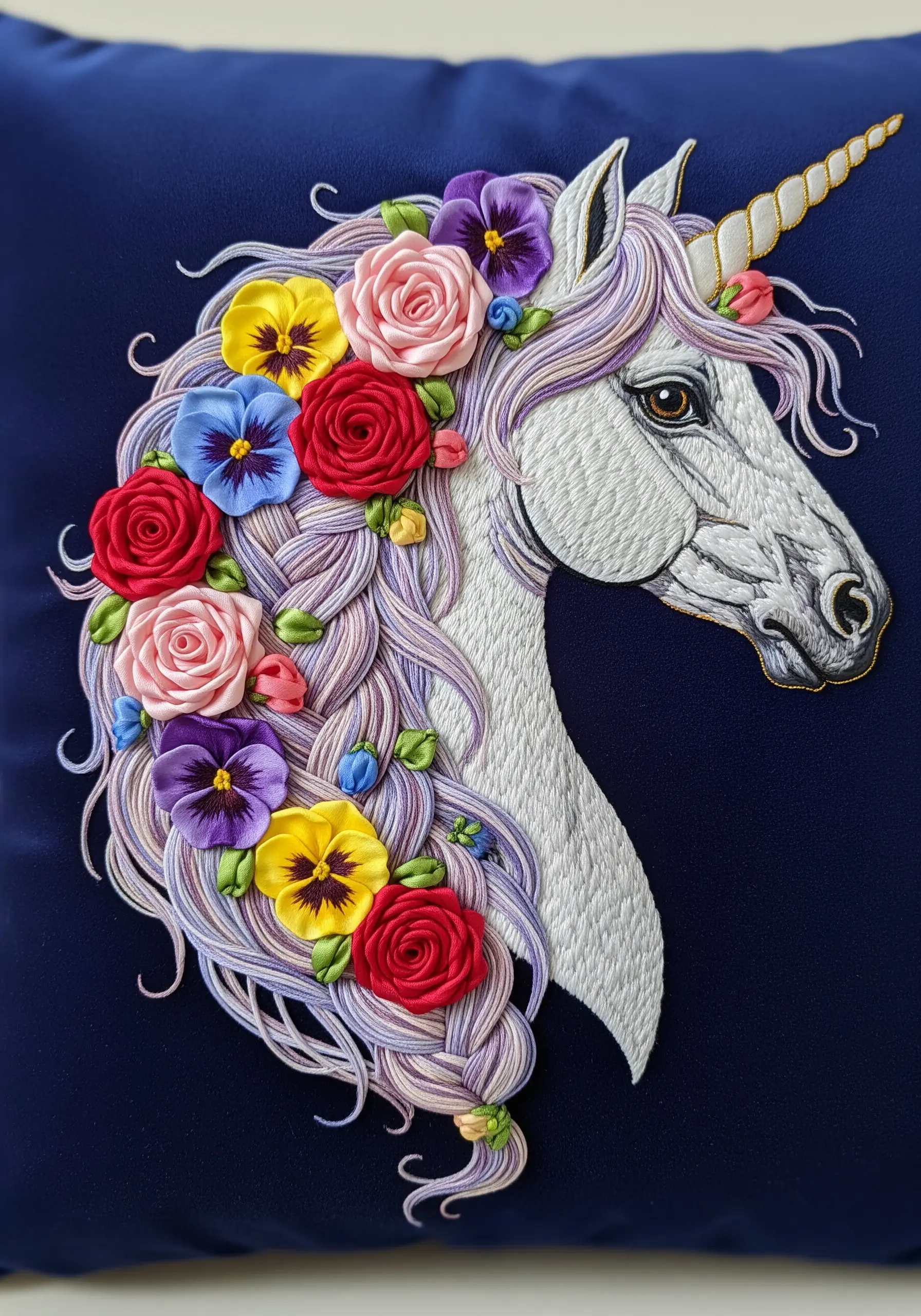 Unicorn embroidery with a mane of colorful 3D silk ribbon roses and flowers.