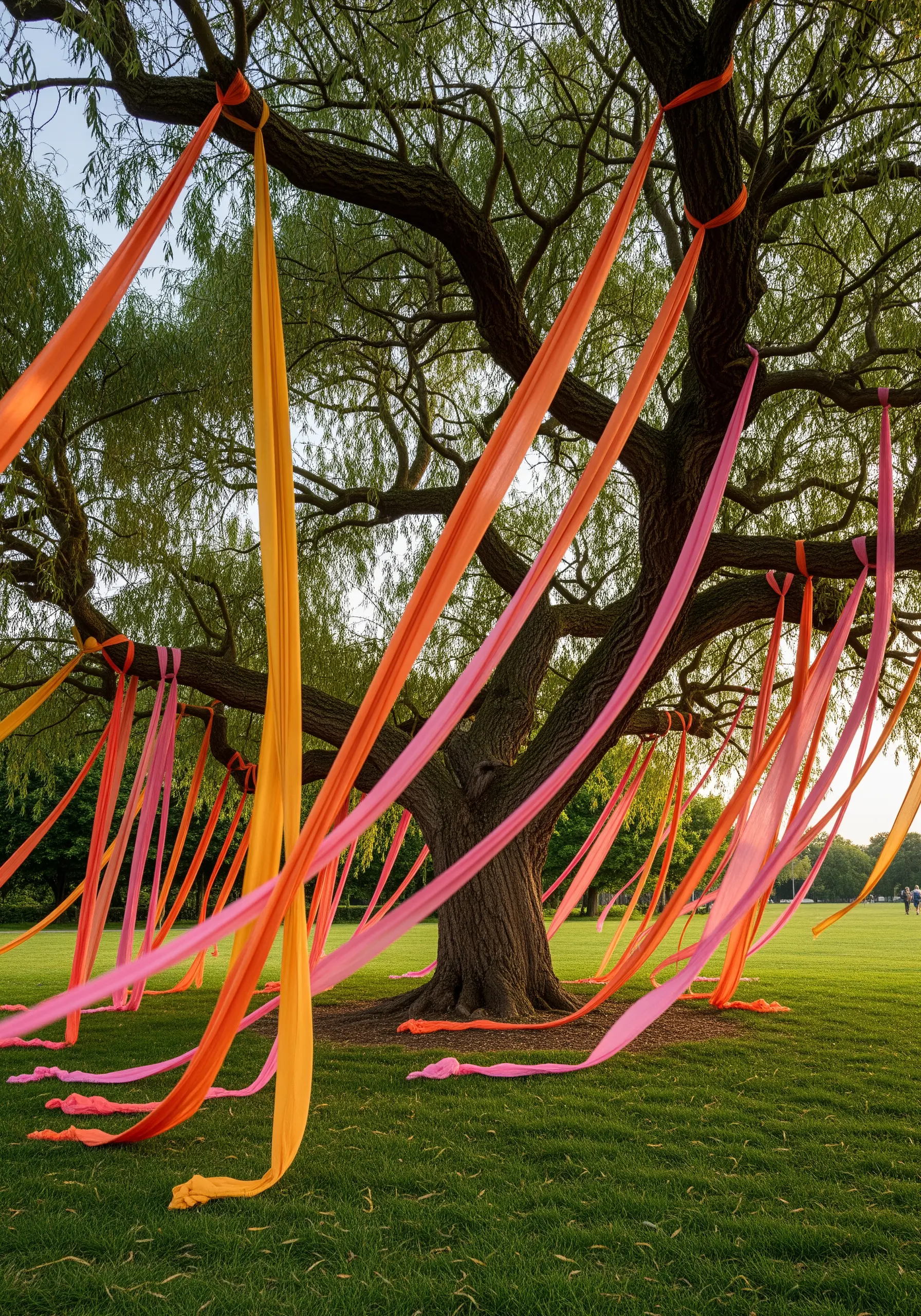 A large tree in a park with its branches draped in long, flowing ribbons of orange and pink fabric.