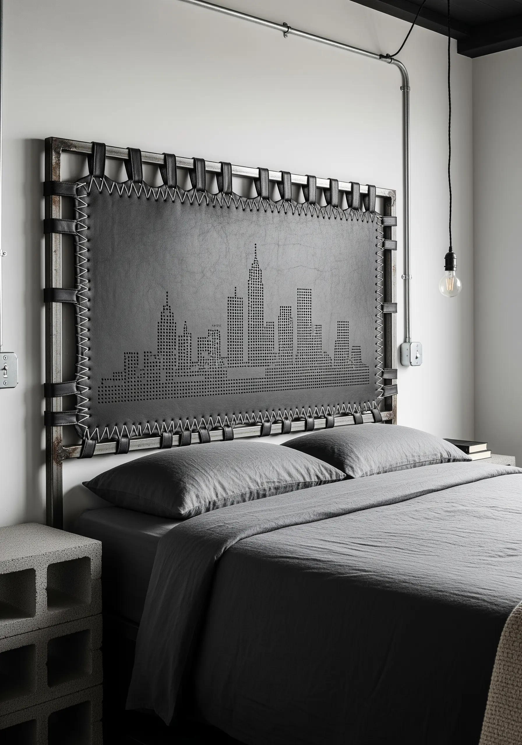 A city skyline created with stitches on perforated grey leather, laced to a metal frame.