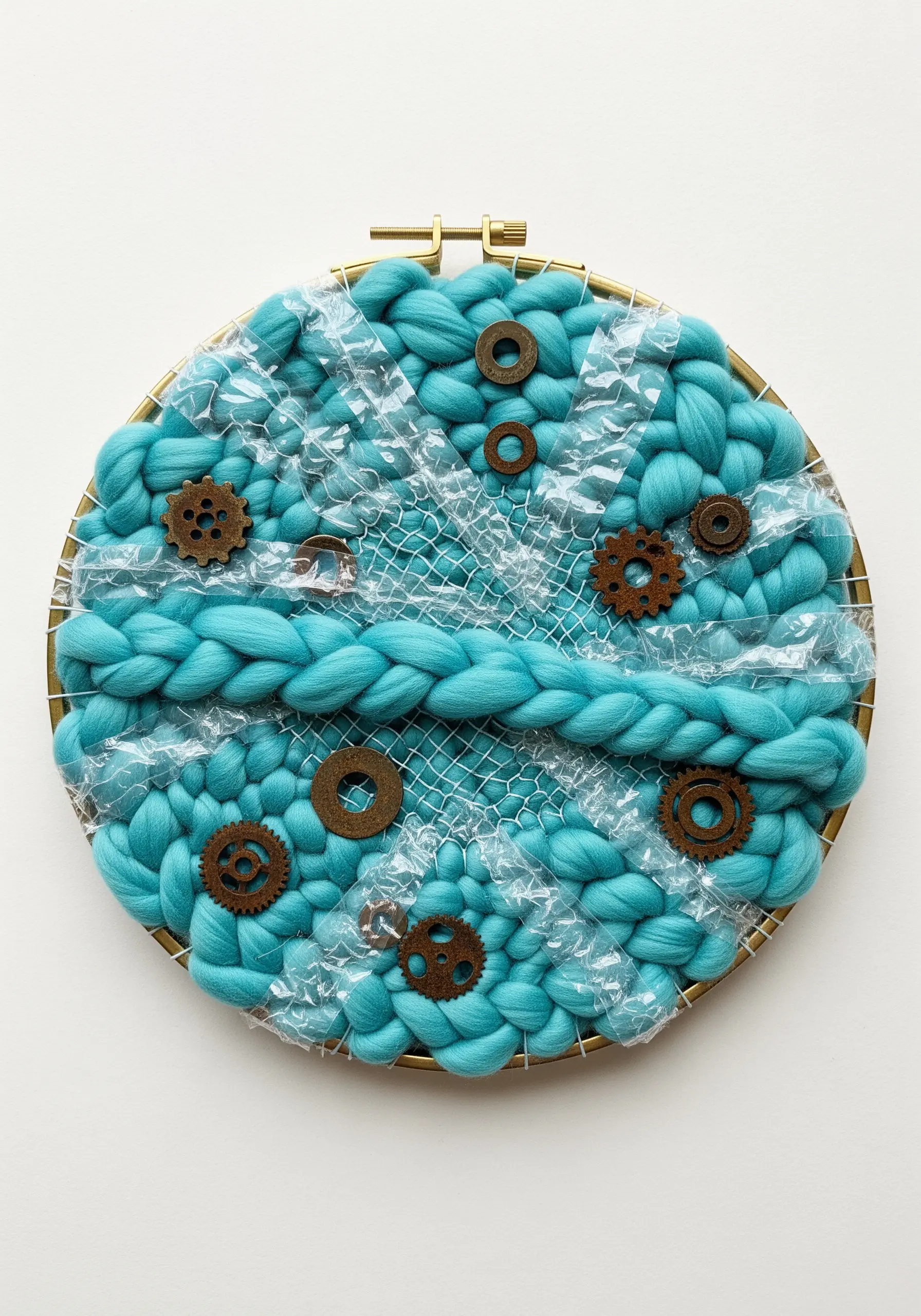 Teal chunky yarn embroidery with metal gears and plastic wrap