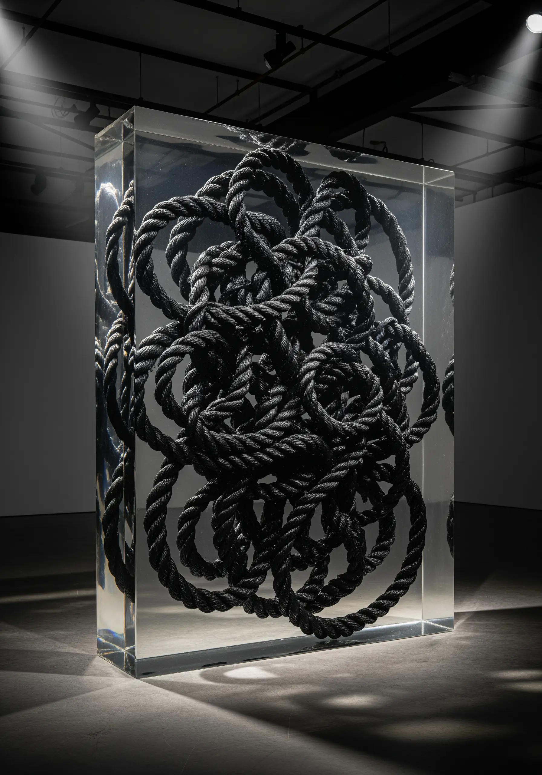A large sculpture of thick, tangled black rope suspended in a clear rectangular resin block.