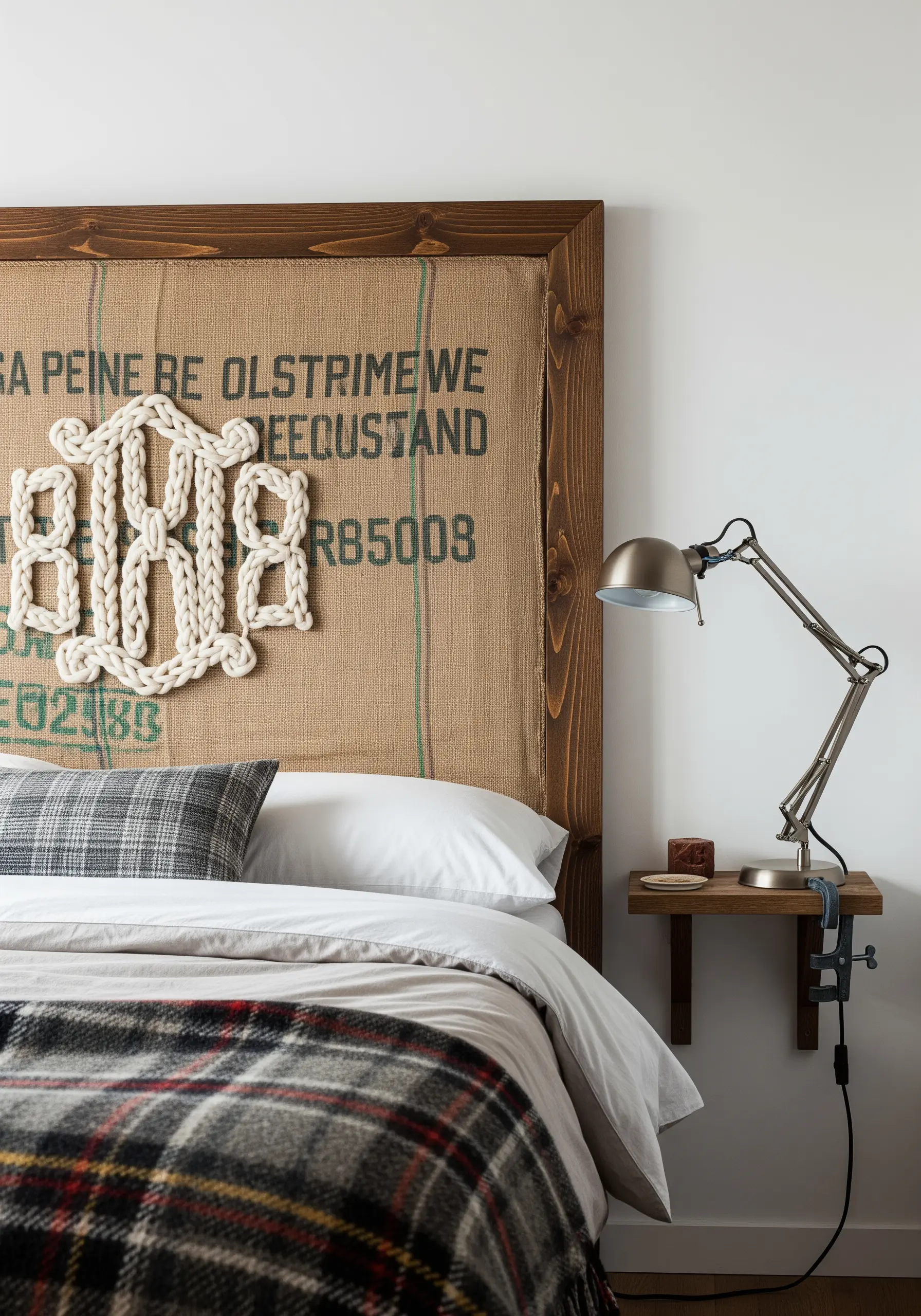 A chunky white yarn monogram couched onto a rustic burlap headboard.
