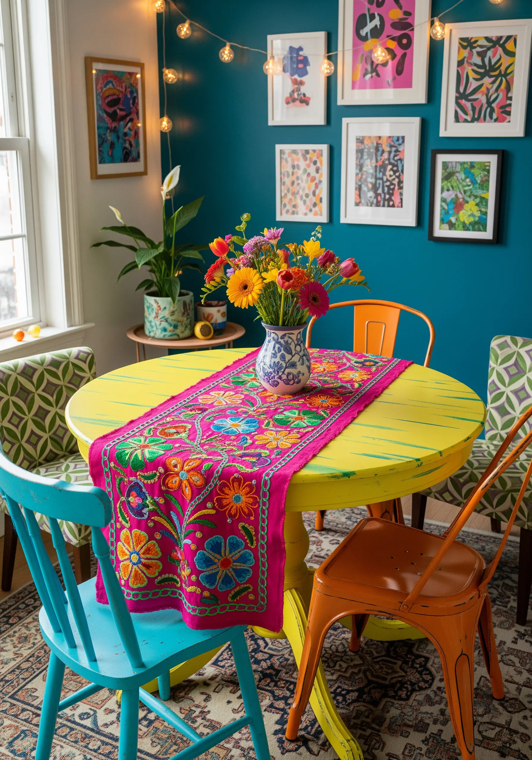 Vibrant, densely embroidered floral and animal motifs on a bright pink table runner
