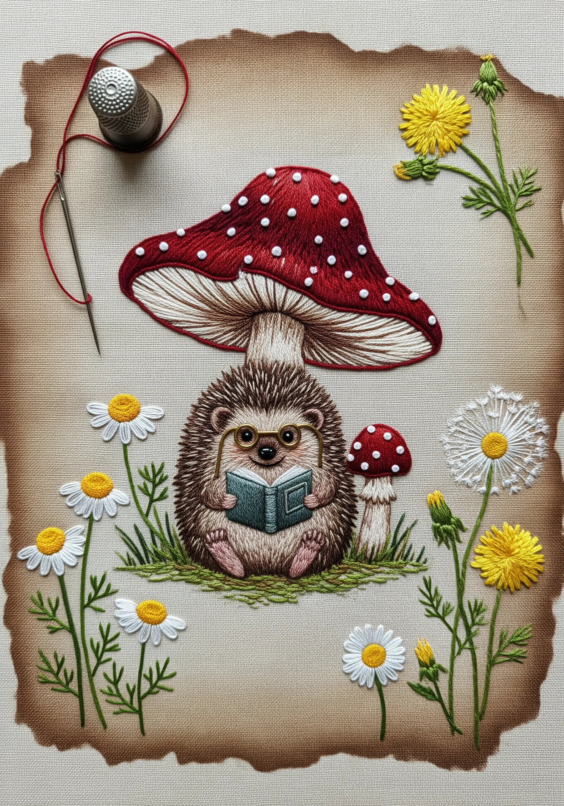 Whimsical embroidery of a hedgehog with glasses reading a book under a toadstool.