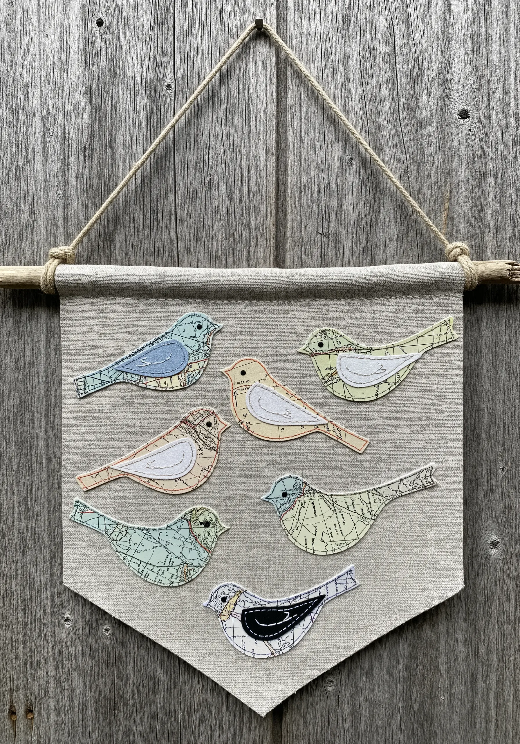 A linen wall banner decorated with seven bird-shaped appliqués cut from old maps.