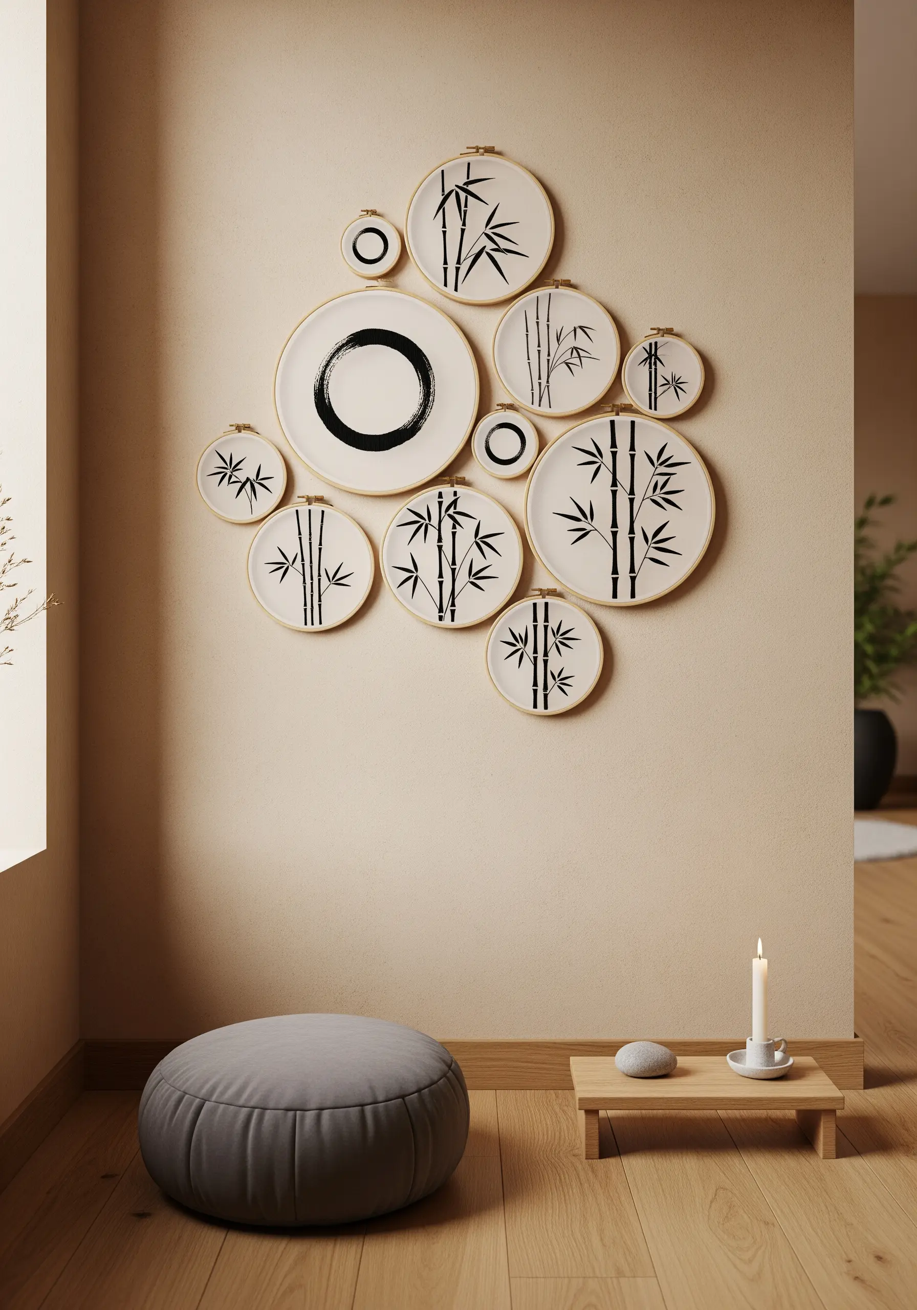 Black bamboo embroidery resembling ink brush strokes