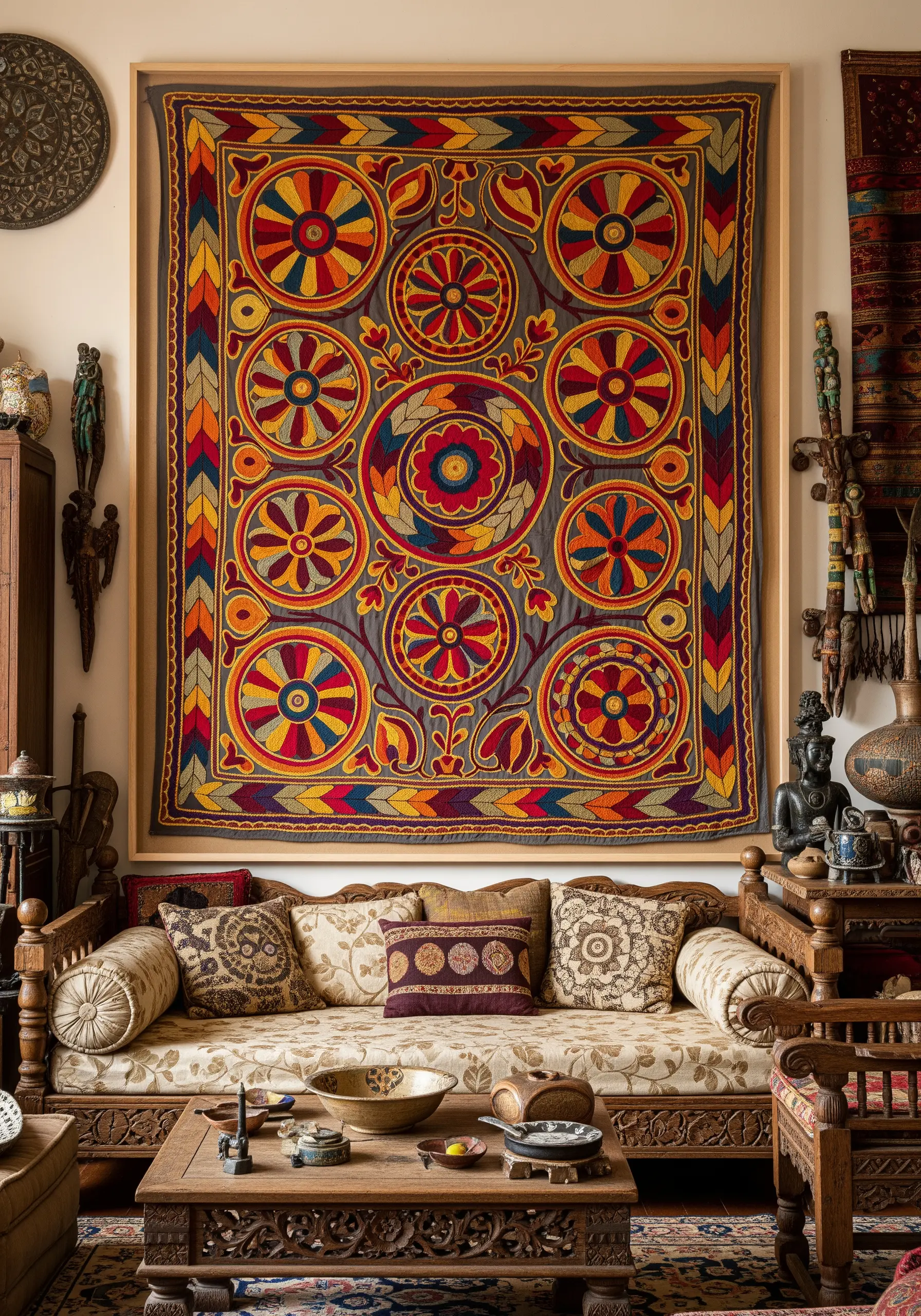 A large, colorful Suzani-style embroidered tapestry with circular motifs.