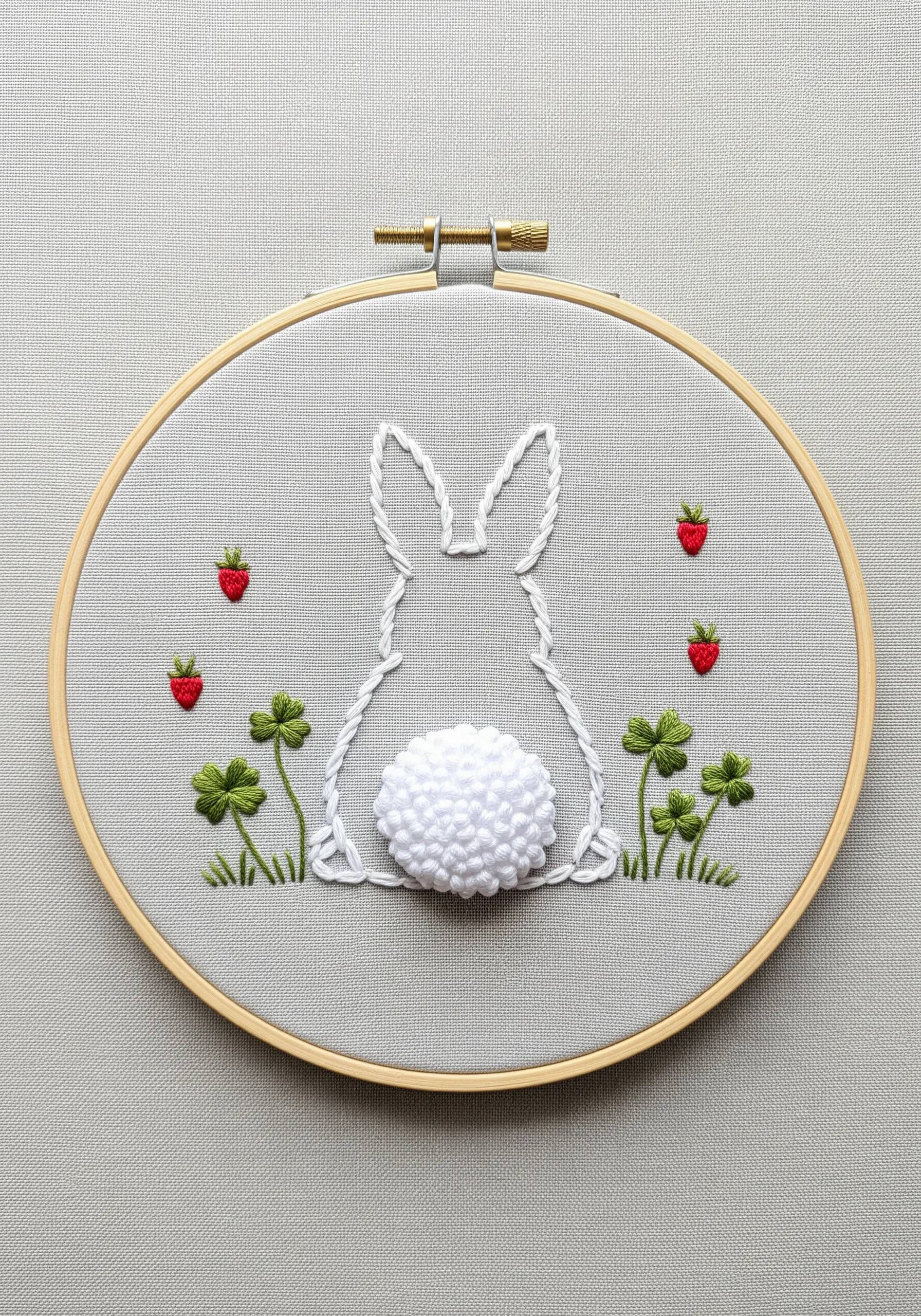 A simple line-art bunny with a large, fluffy white pom-pom tail made from yarn.