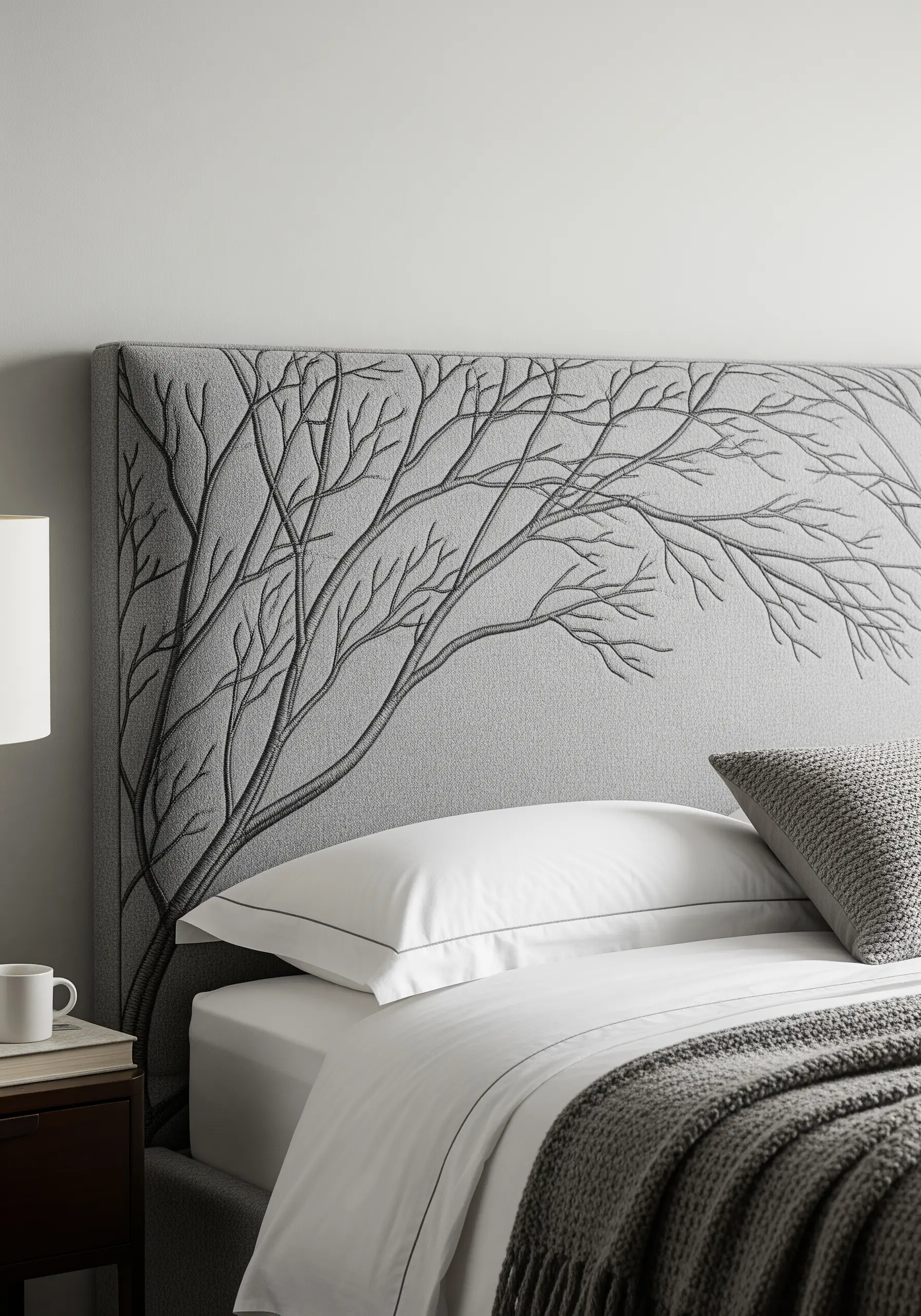 A grey upholstered headboard with a large, intricate embroidery of bare tree branches.