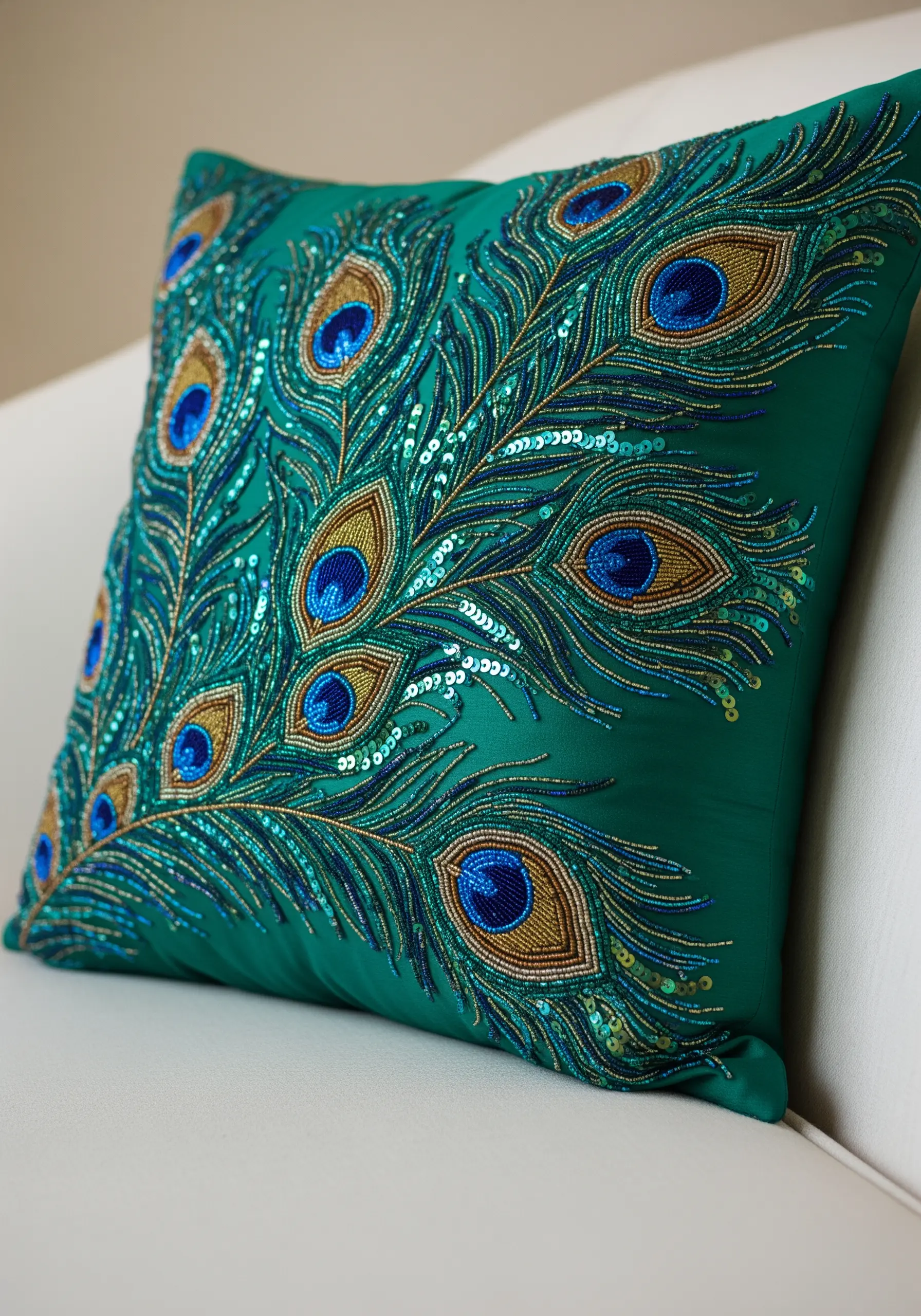 Elaborate peacock feather embroidered with blue and gold beads and sequins.
