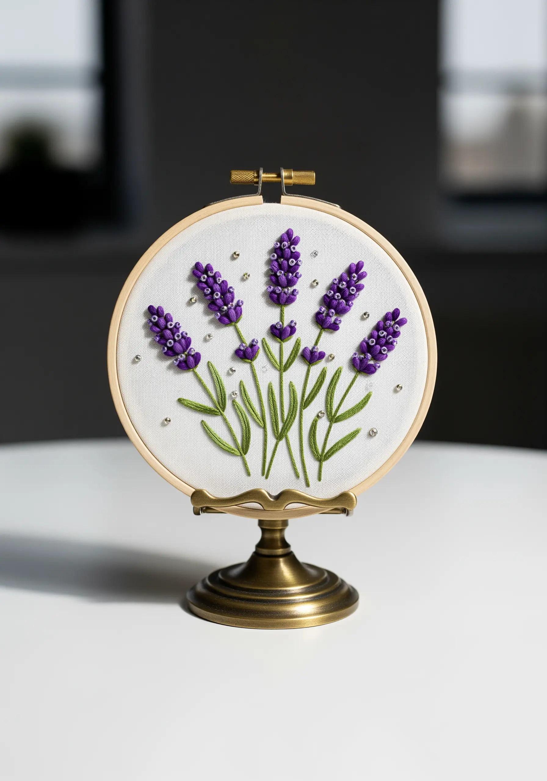 3D lavender embroidery with purple bullion knots and tiny silver seed beads.