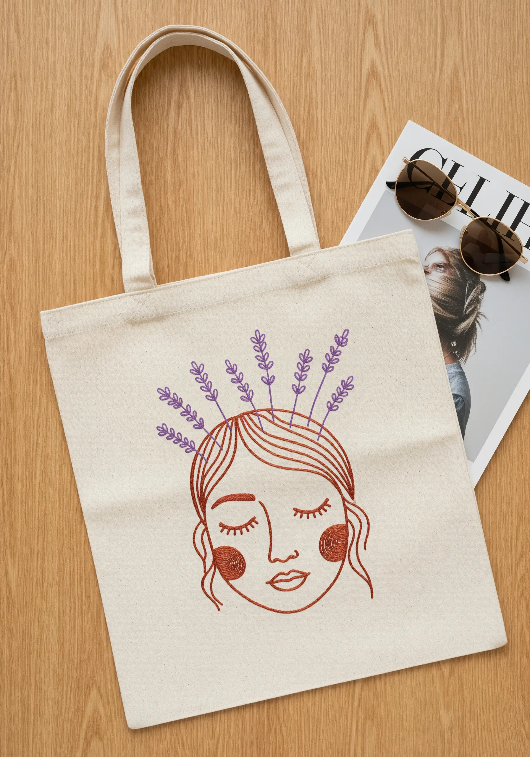 Line-art portrait on a tote bag with embroidered lavender forming the hair.
