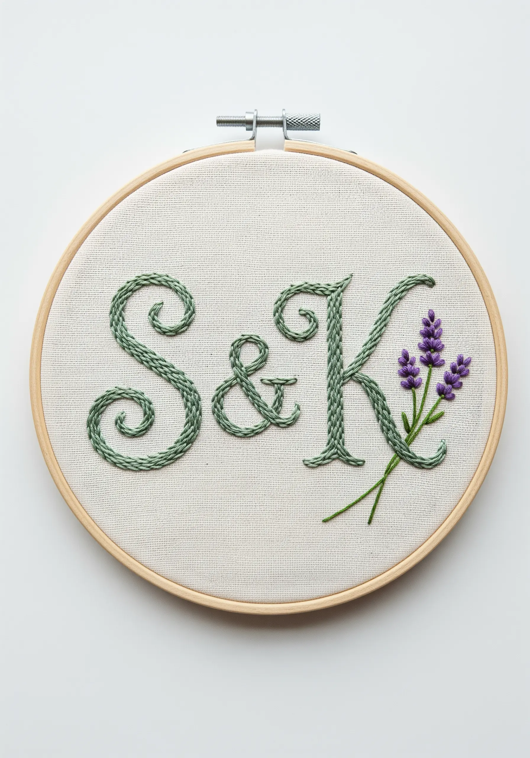 Green monogram with a small purple lavender sprig accent.