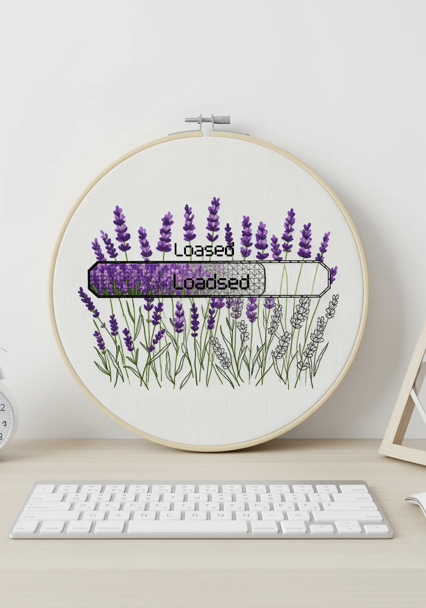 Lavender embroidery with a pixelated 'Loading' bar stitched across the center.