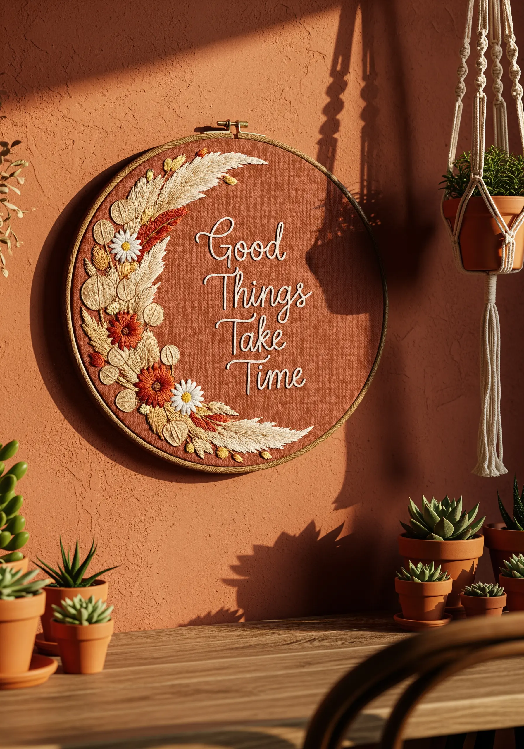 Textural embroidery with a crescent floral arrangement featuring 3D stitches.