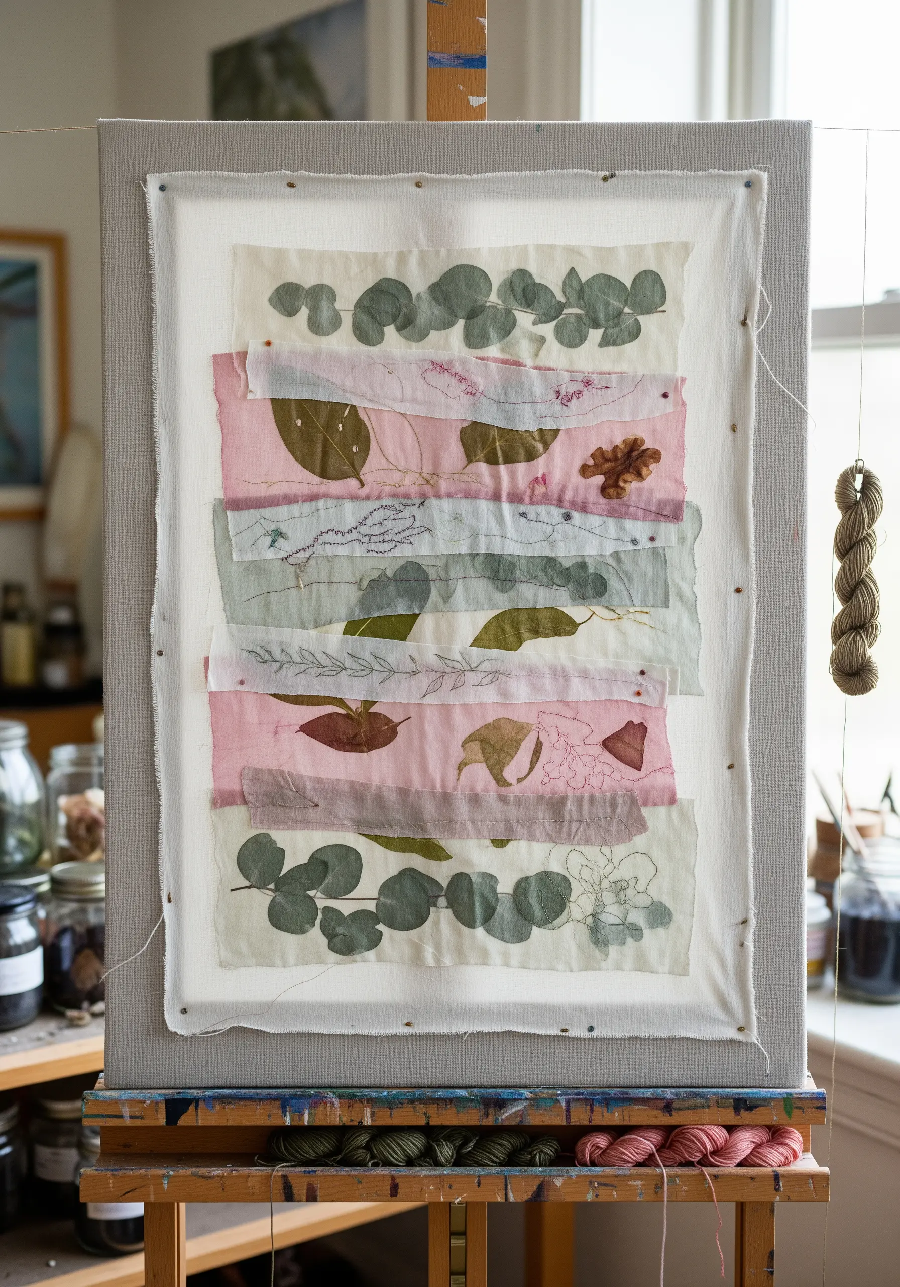 Mixed-media fabric collage with eco-printed leaves and subtle botanical line embroidery.
