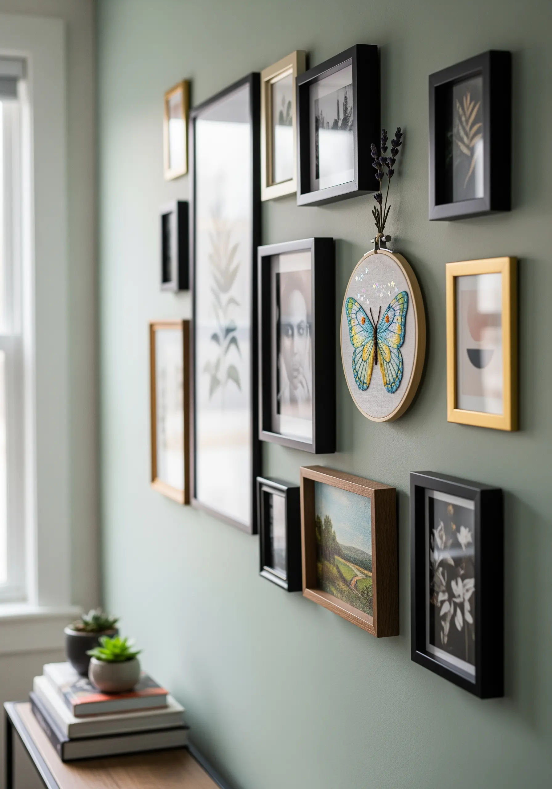 An embroidered butterfly hoop integrated into a gallery wall with framed prints and photos.