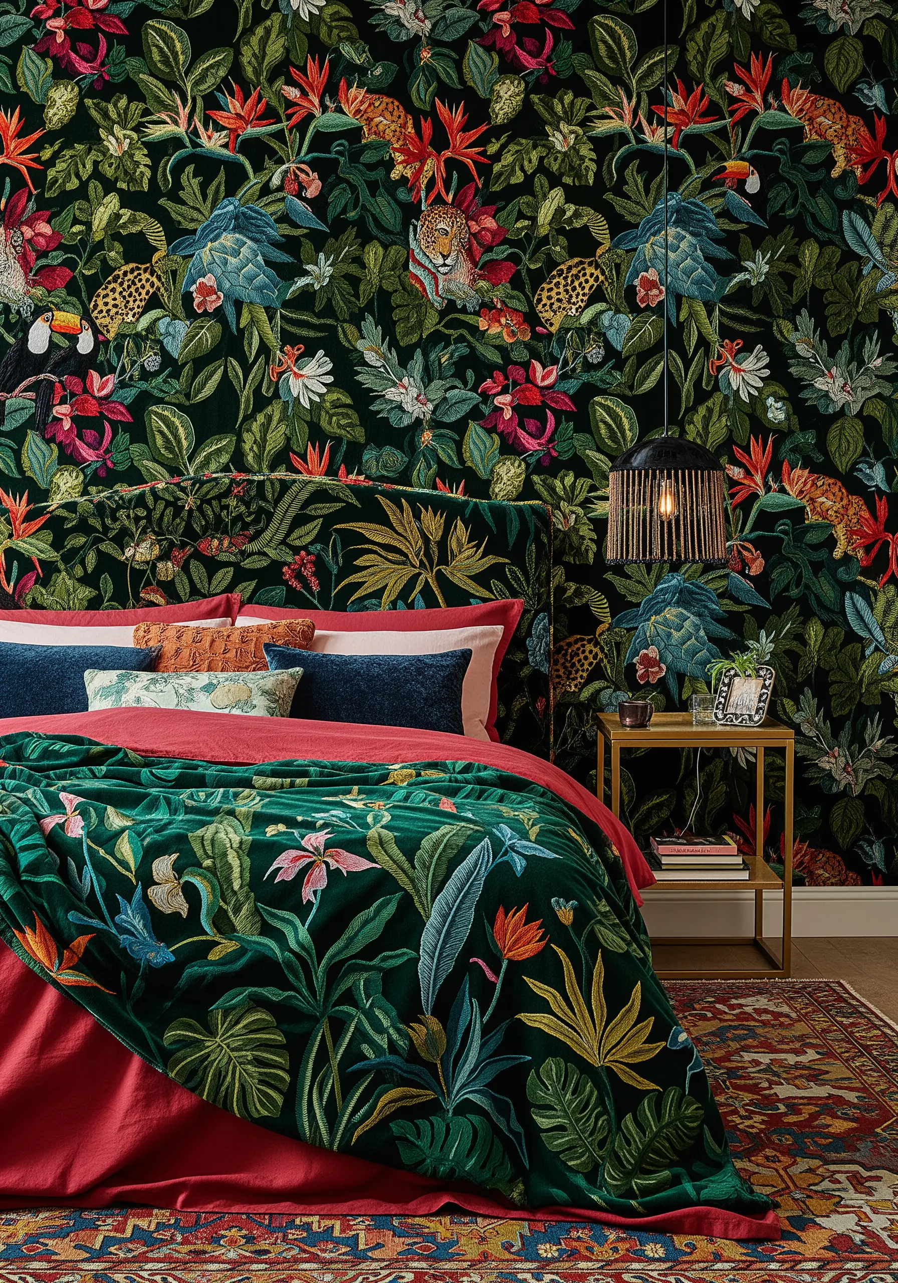 A maximalist bedroom where the embroidered headboard and bedding match the jungle-print wallpaper.