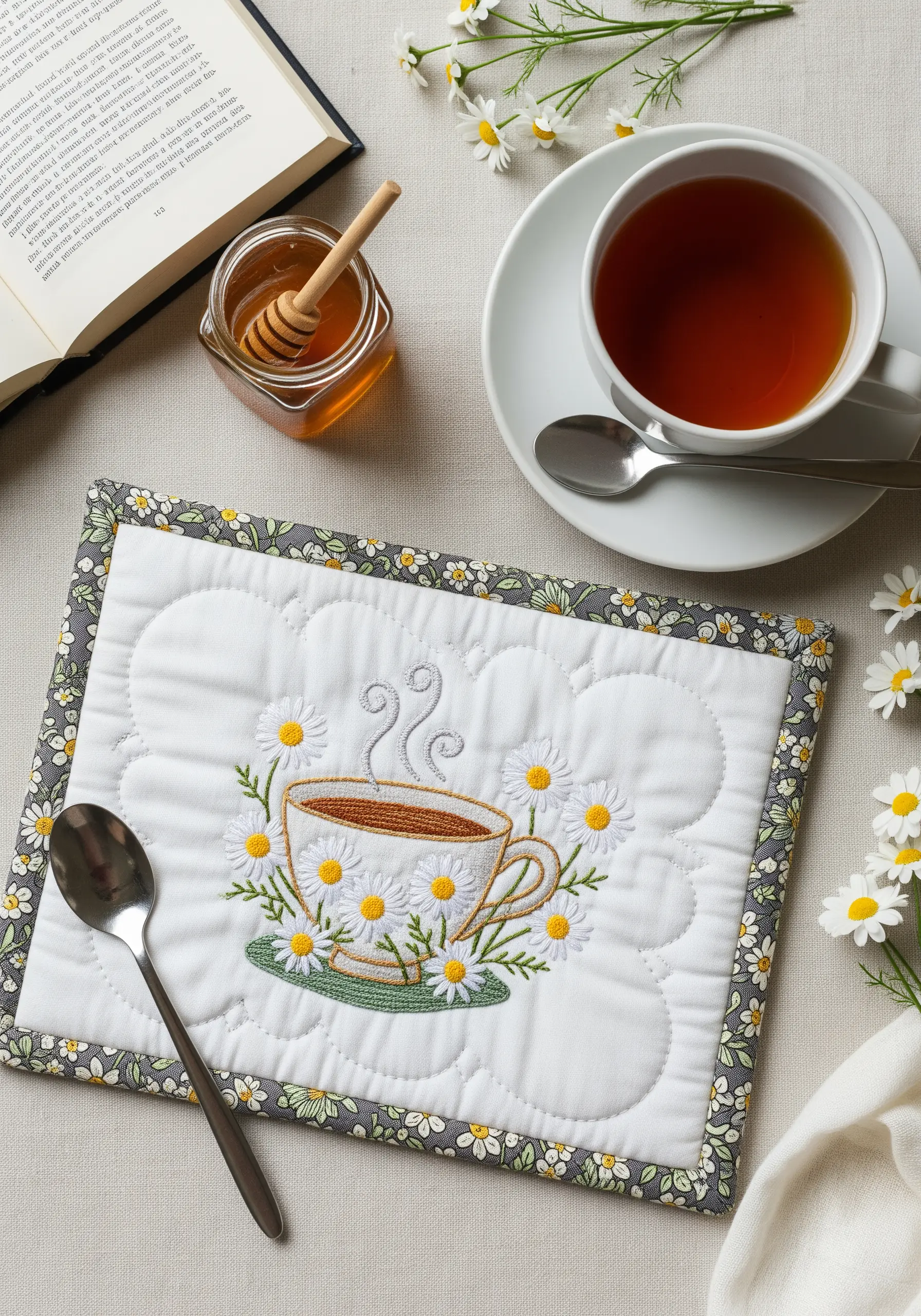 A quilted mug rug featuring an embroidered cup of chamomile tea surrounded by daisies.