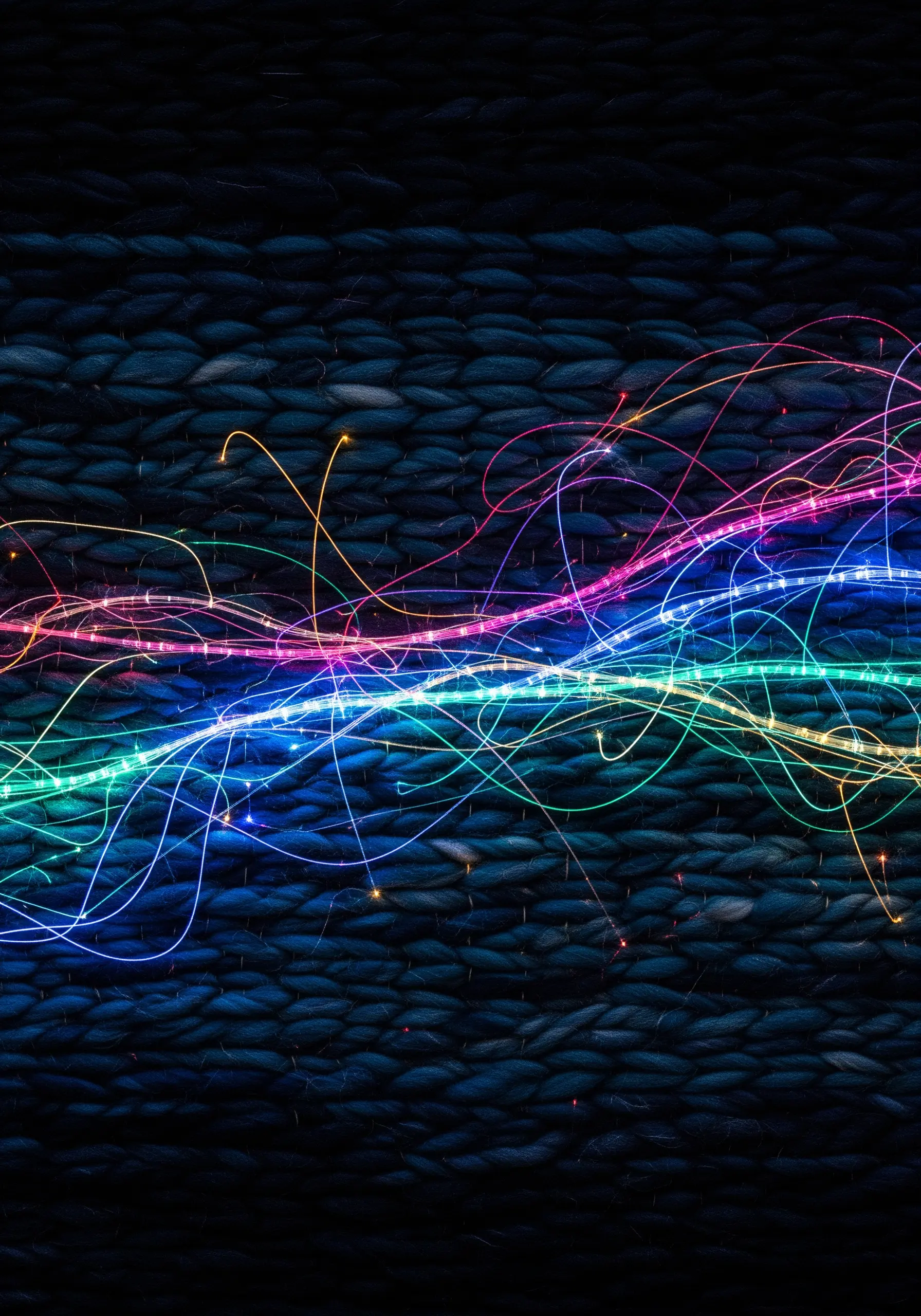 Close-up of a dark woven textile illuminated with glowing, colorful fiber optic threads.