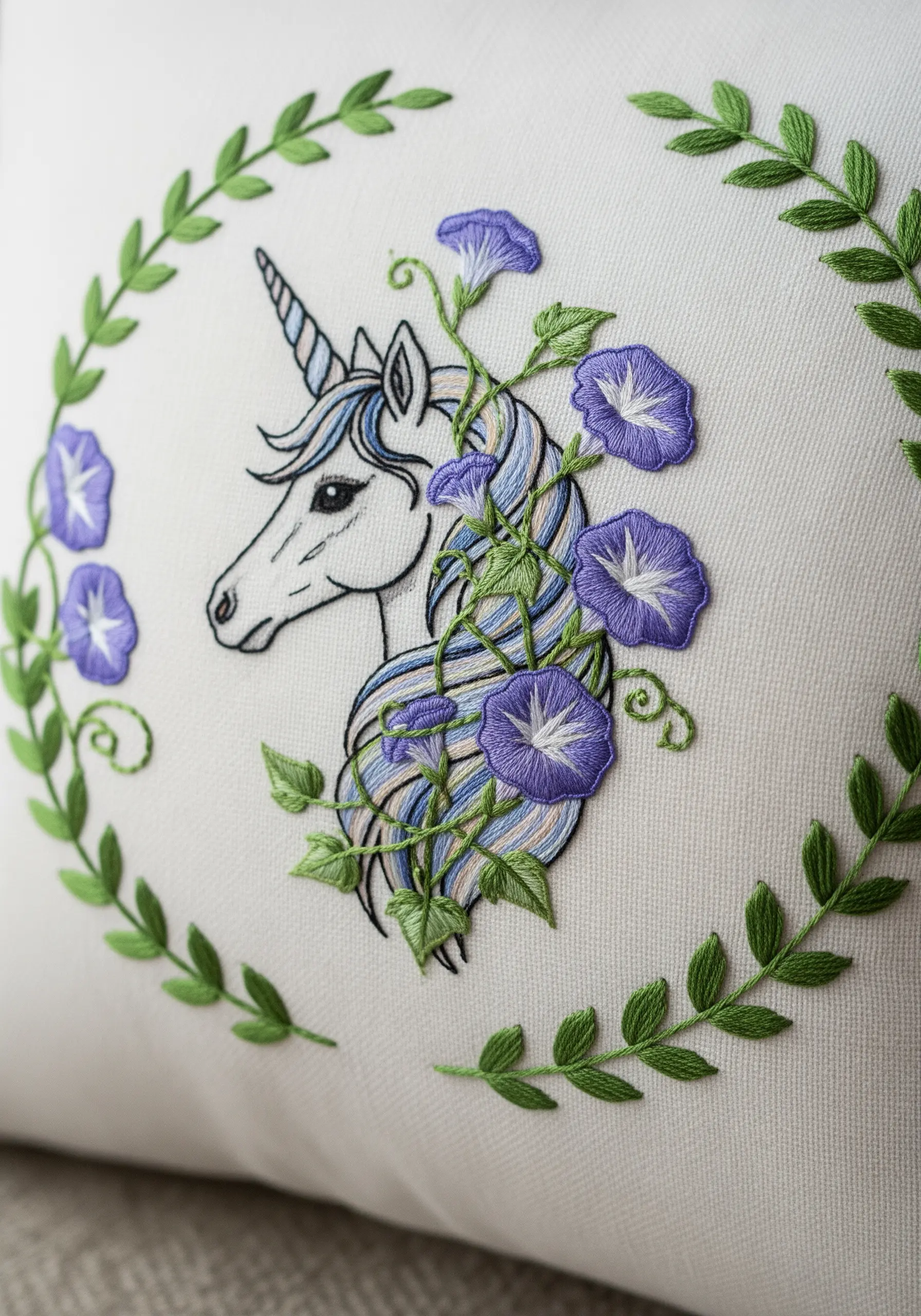 Line art unicorn with a blue and purple blended mane featuring satin-stitched morning glories.