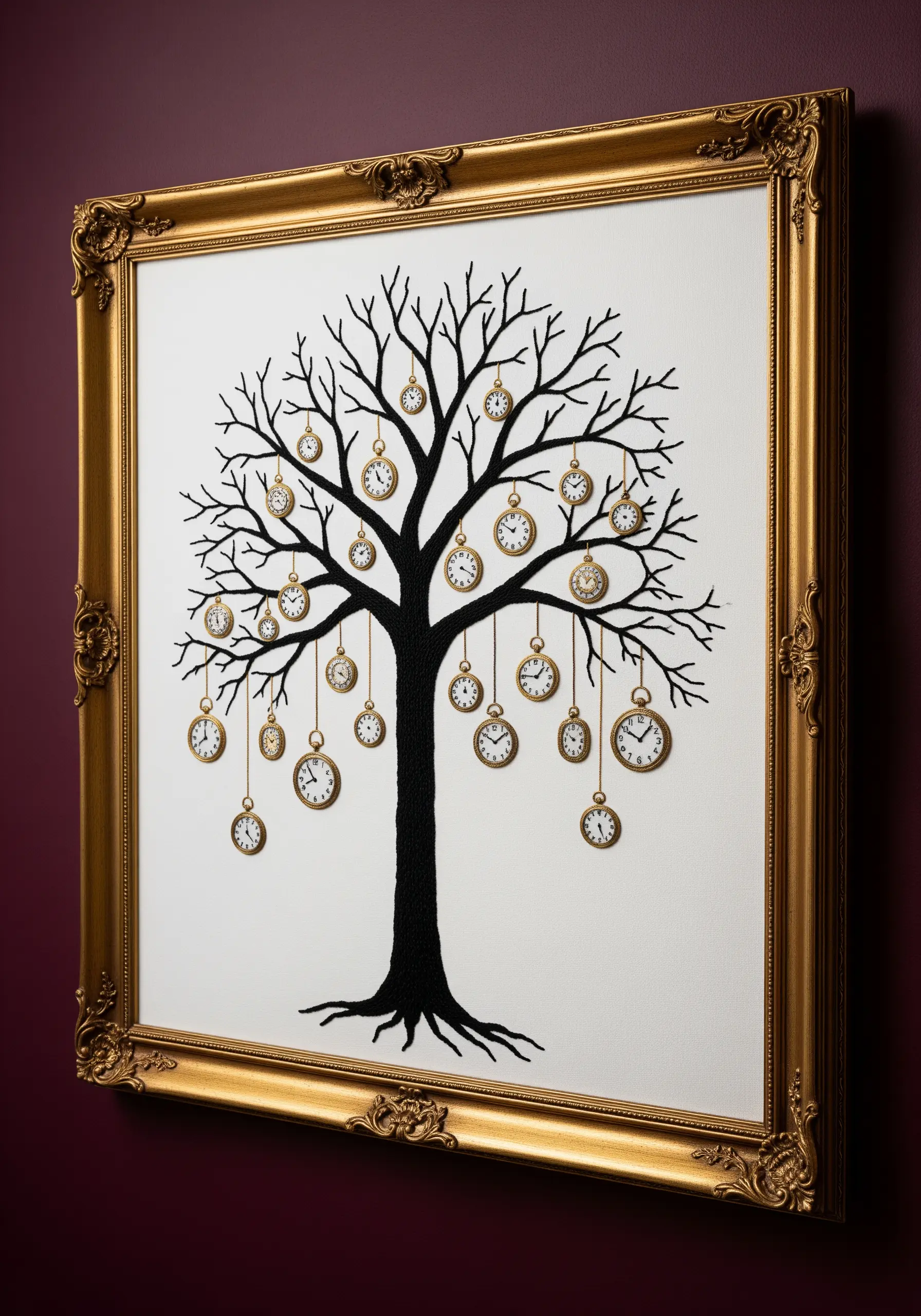 Embroidery of a bare tree with real miniature clock charms hanging from its branches.
