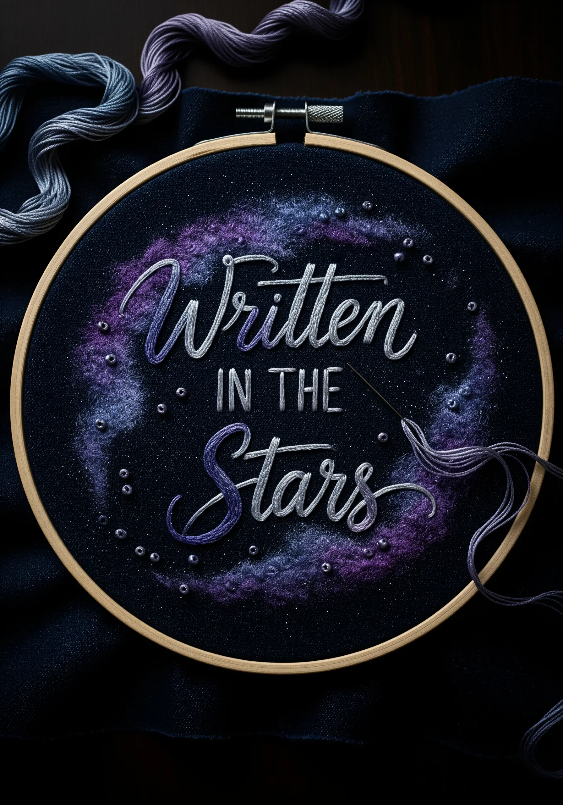 “Written in the Stars” embroidered in silver script over a purple galaxy background.