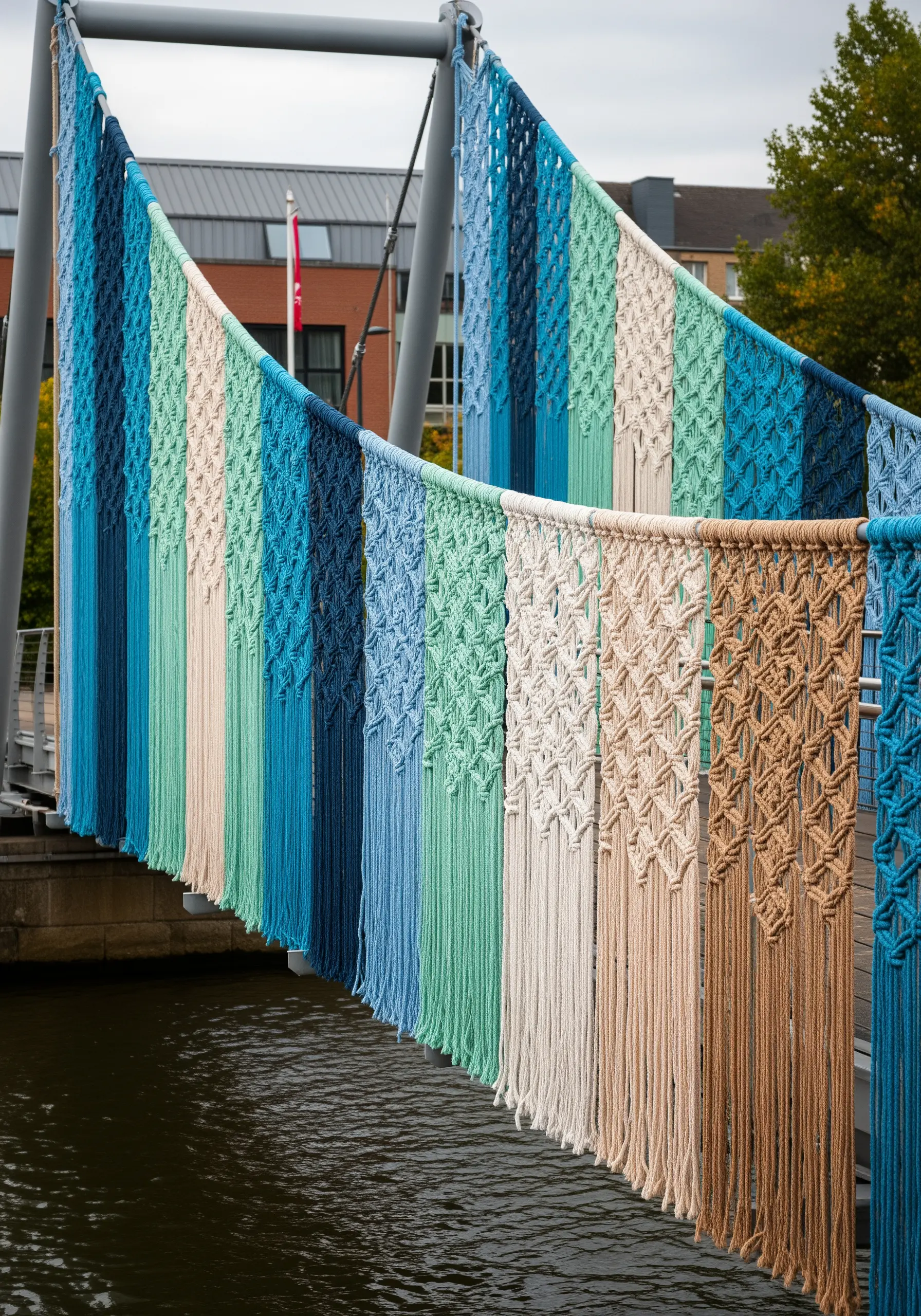 A bridge railing decorated with large-scale macrame panels in shades of blue, green, and beige.