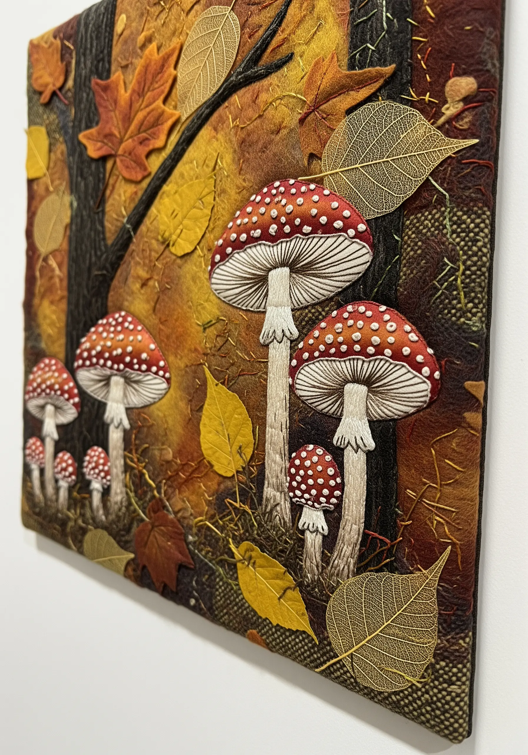 Embroidered mushrooms in a forest scene with real skeleton leaves collaged onto the fabric.