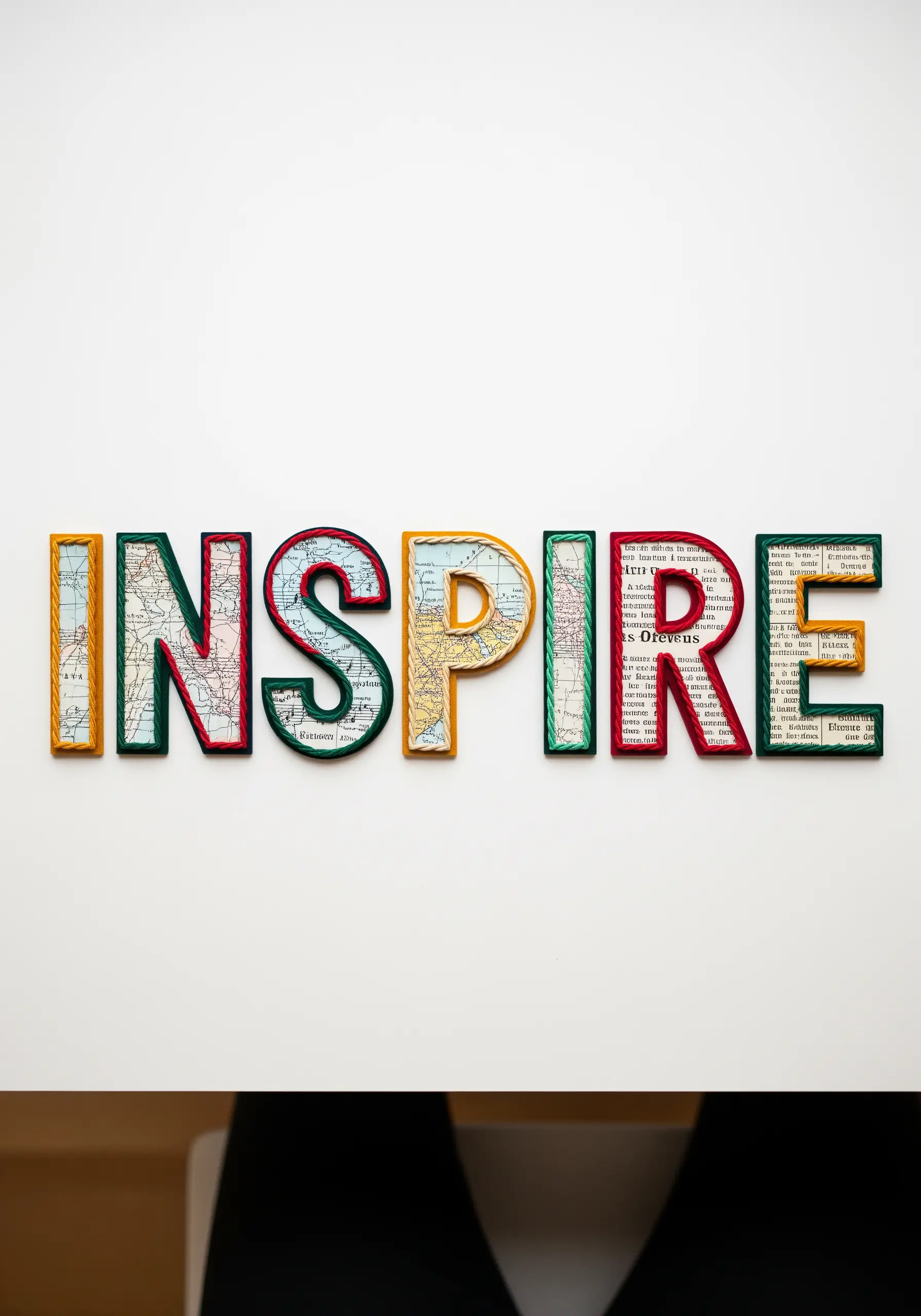 The word 'INSPIRE' crafted from paper, with map details and thread-wrapped edges.
