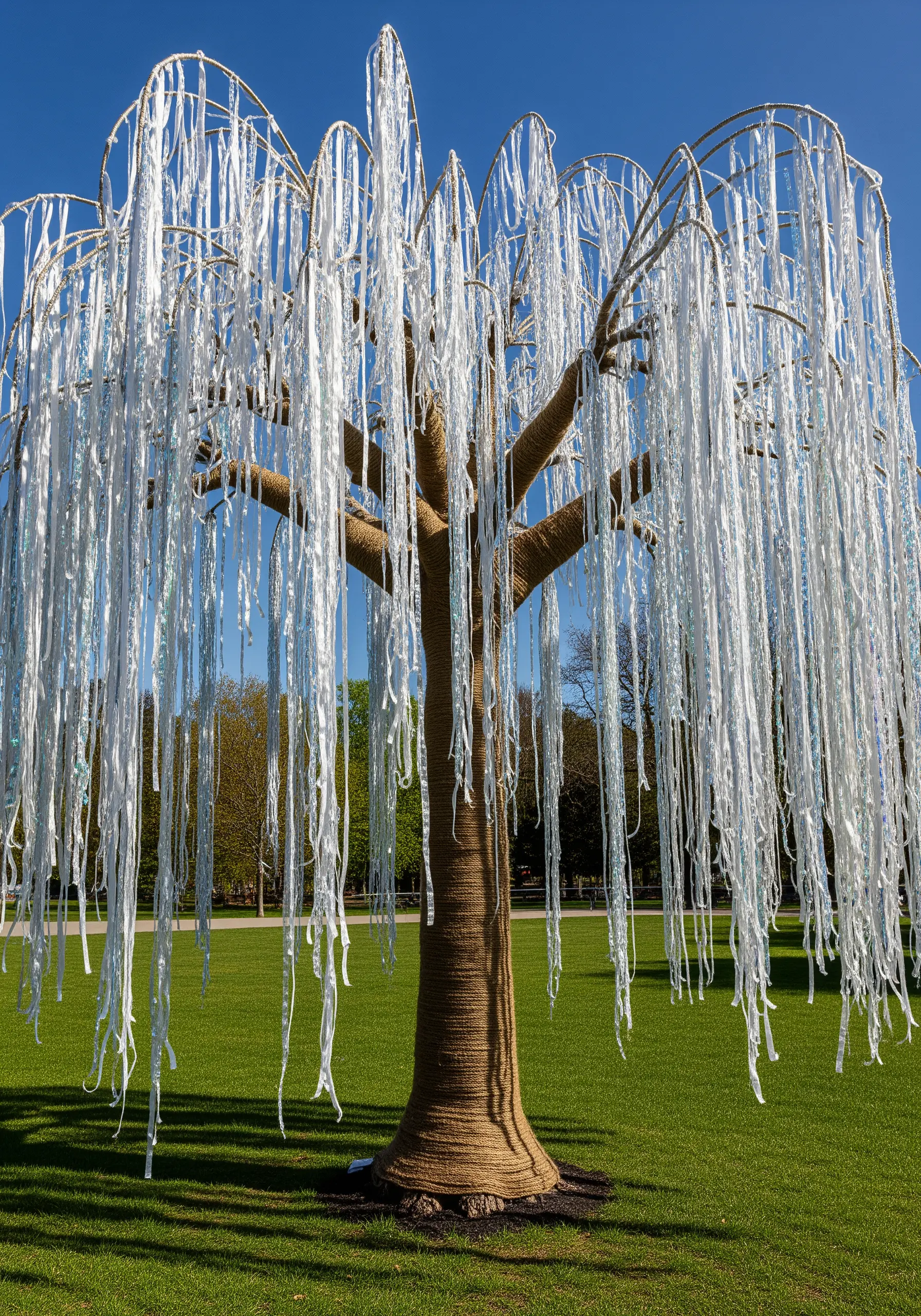 A sculpture of a tree with a twine-wrapped trunk and shimmering white ribbon leaves.