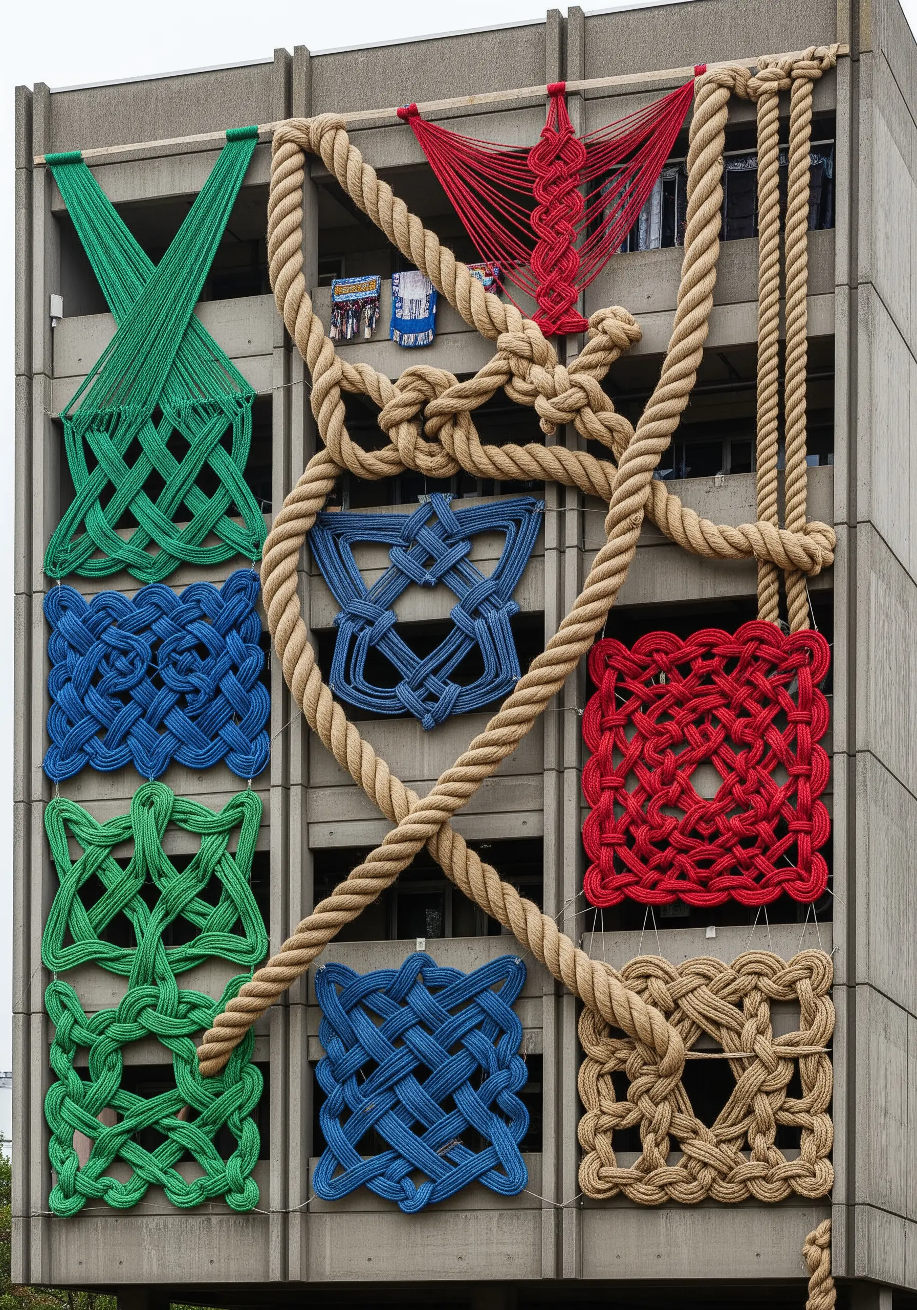 Large-scale rope knots and braided fiber art attached to a building's facade.